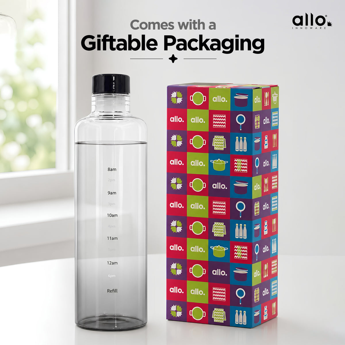 Allo Glass Water Bottle For Women & Men, 600 ml, Aesthetic H2O Bottles For Drinking Detox Water, Juice, Milk, Soda | 0.4 Ltr Bottle For Fridge, Storage, Home | Gift Set Packaging | Time Marked Black