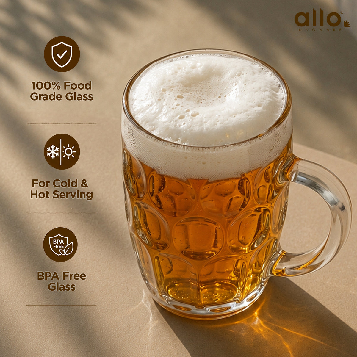 Allo Beer Mug And Drinking Glass Mugs, Set Of 2, 600 ml Each, Serves Beer, Juice, Mocktail, Alcohol, Cocktail, Drinking Glass With Handle | Gift Set Packaging | Transparent Bubble Glass