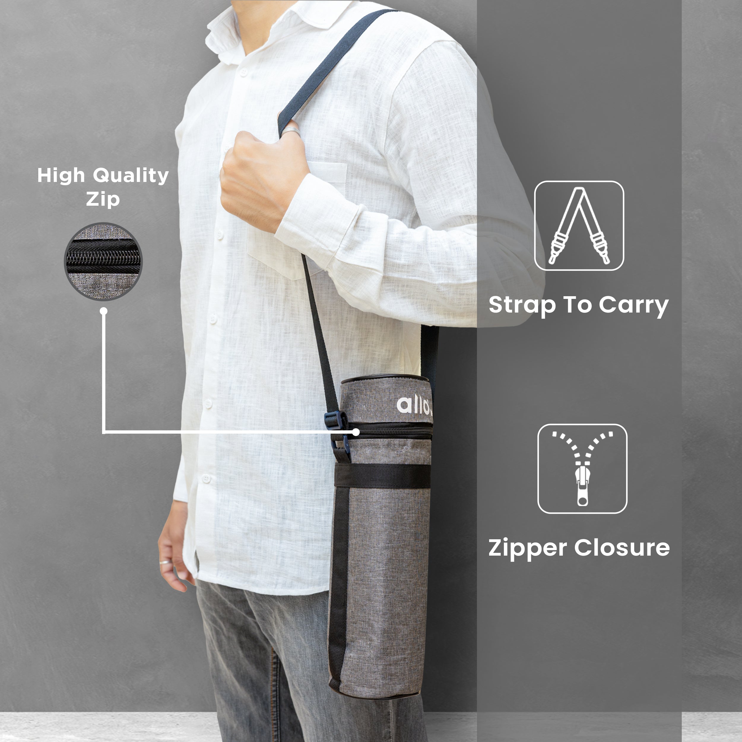 Allo Polyester Thermal Insulated 1L Bottle Cover – Water-Proof Modern Carrier Sleeve with Adjustable Shoulder Handle & Zipper Closure for Travel, Hiking, Office & School, CANVAS GREY