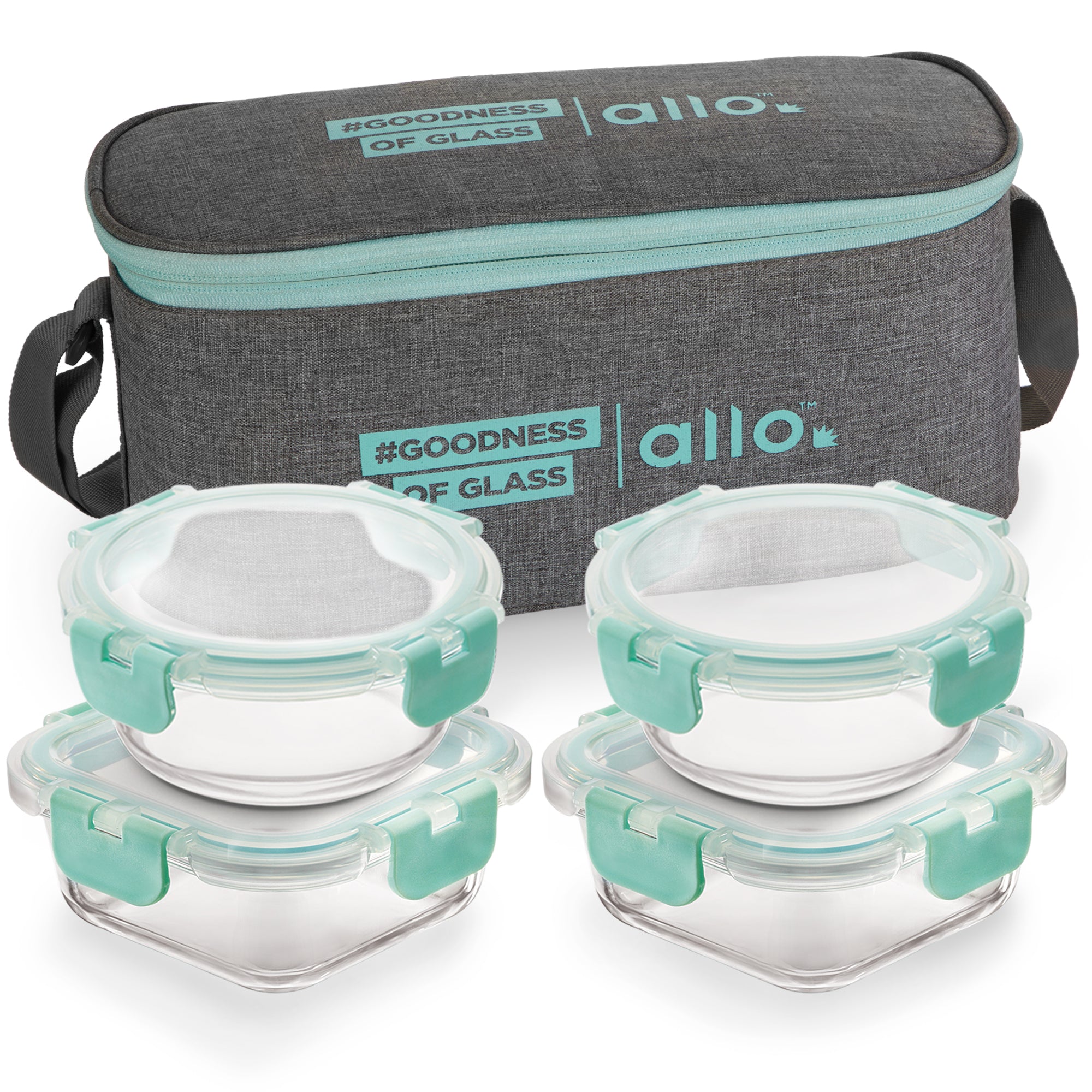 Allo Food Safe Glass Lunch Box with Breakfree Detachable Lock, Microwave Safe Lunch Box Borosilicate Glass Tiffin for Office with Canvas Grey Tiffin Bag, Set of 4, 215ml x 2, 310ml x 2
