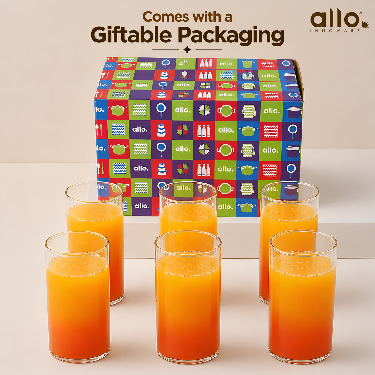 Allo Premium Glass Set Of 6, 342 ml, Latest Design Glasses For Water, Juice, Whisky, Cold Drink | Perfect For Home, Restaurants & Parties, Gift Set Packaging | Transparent Classic Straight Glass