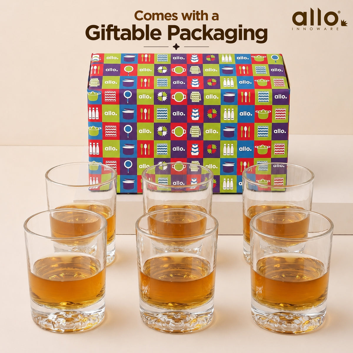 Allo Glass Set Of 6 Premium Whisky Glasses, 310 ml, For Drinking Water, Wine, Cocktail, Mocktail, Martini, Liquor, Alcohol, Scotch, Bourbon | Gift Set Packaging | Transparent Lion Crest Whiskey Glass