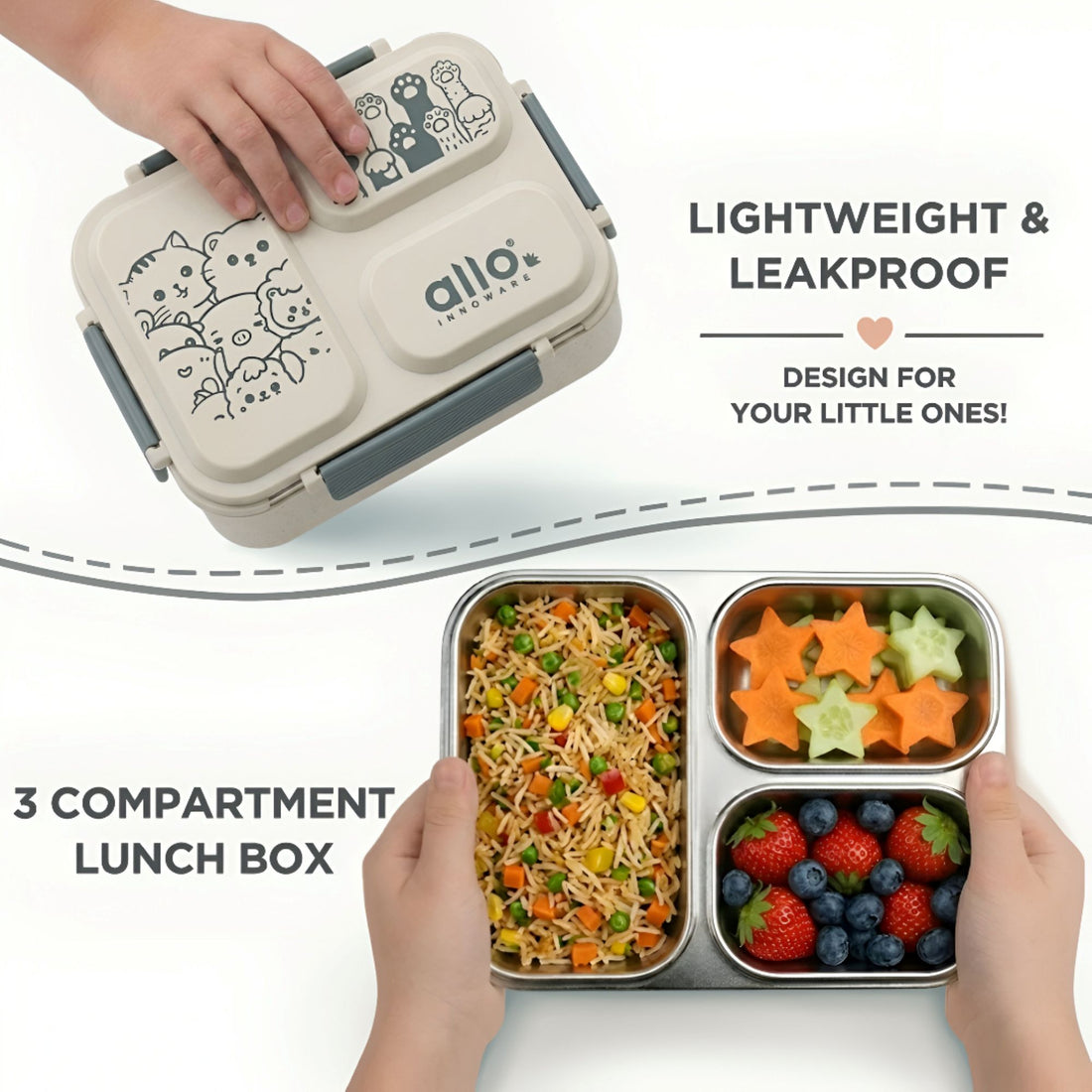 Allo Bento Stainless Steel Lunch Box for Kids- BIS Approved, 304 Stainless Steel 3 Compartment Leakproof Tiffin Box for Boys and Girls for School, Travelling, Baby Snacks, 740ml Green Cats