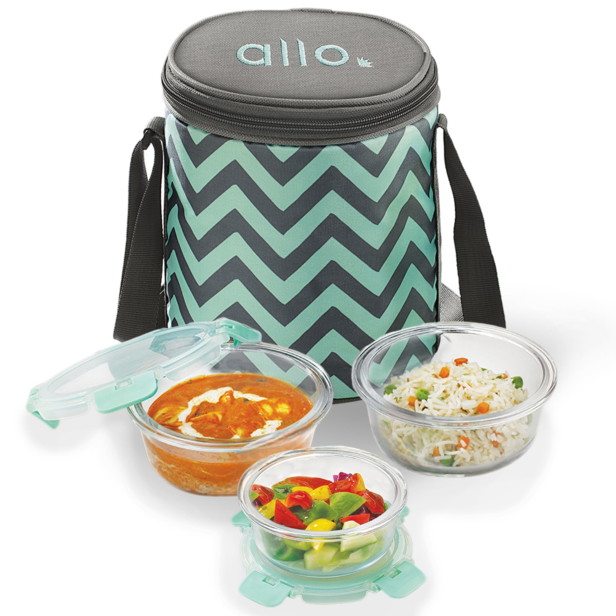 Allo Food Safe Glass Lunch Box with Breakfree Detachable Lock, Microwave Safe Lunch Box Borosilicate Glass Tiffin for Office with Chevron Mint Tiffin Bag, Set of 3, 215ml x 1, 390ml x 2, Transparent