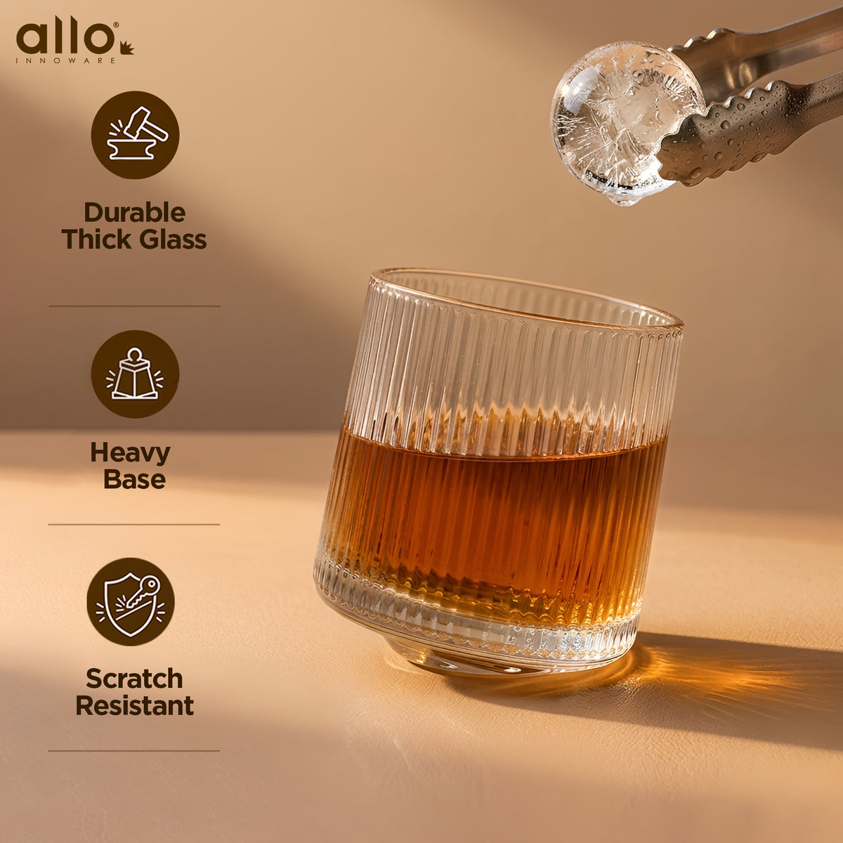 Allo Rotating Glasses For Whiskey, Set Of 6, 190 Ml Each, Premium Ribbed Glass With Revolving Base And Spinning Glass, Gift Set Packaging | Transparent Ribbed Classic