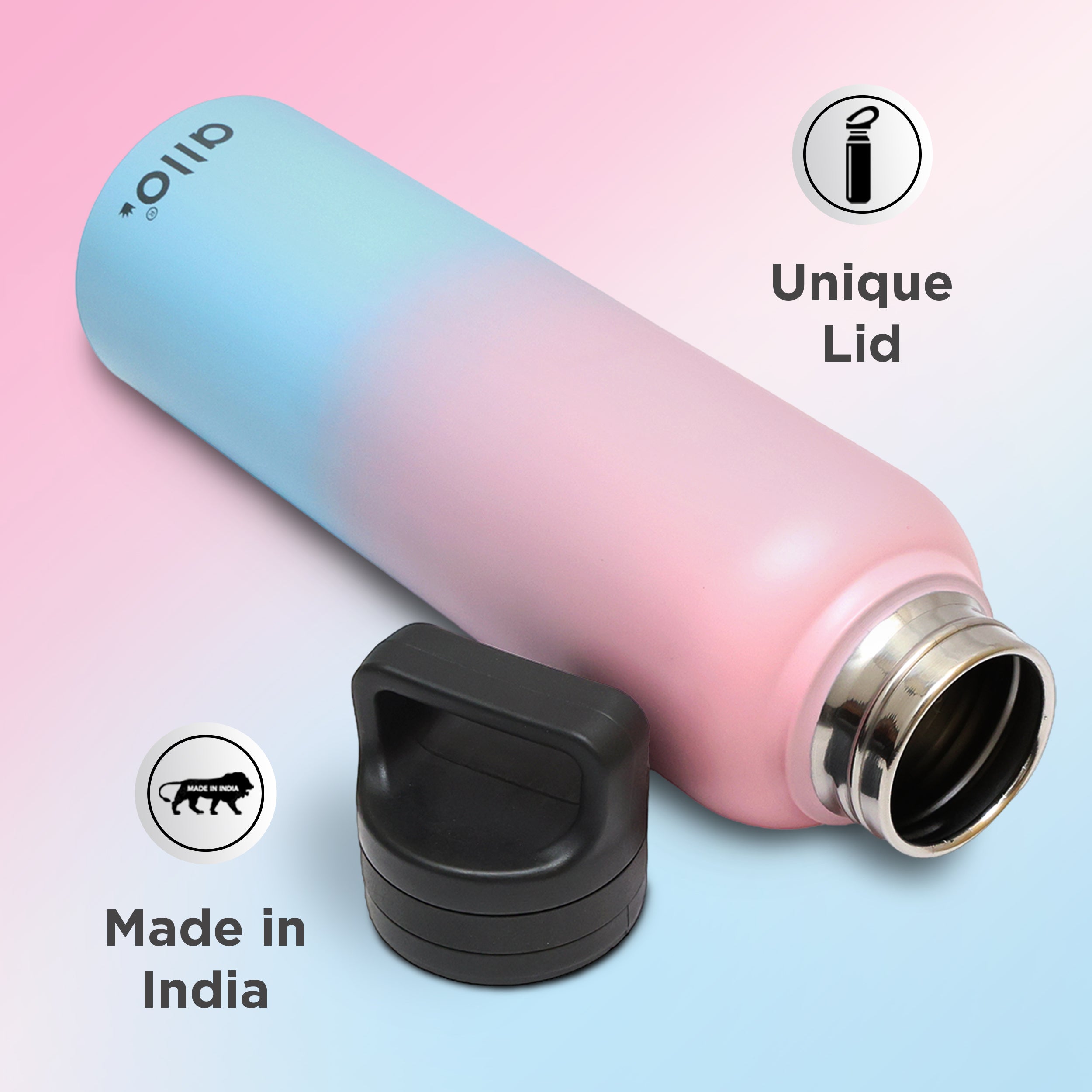 Allo Stainless Steel Water Bottle For Adults, Kids 1 Litre Water Bottles For School,Office,Sports,Gym 1L Water Bottle For Men & Women, Pack Of 2, Leak Proof, Bpa Free, Pink Baby Blue & Blue Handle Cap