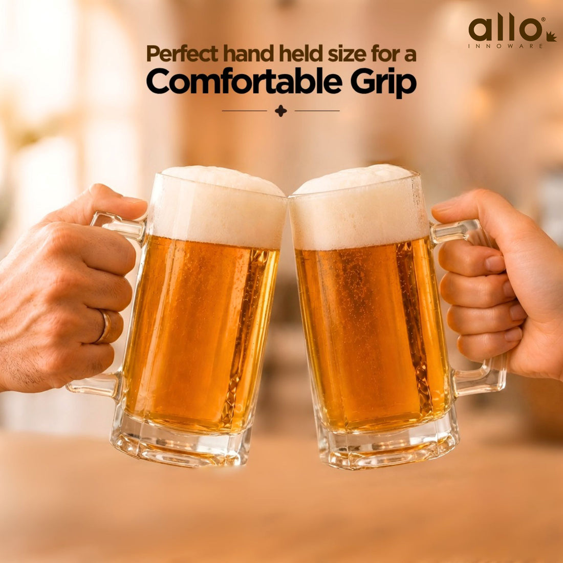 Allo Beer Mug And Drinking Glass Mugs, Set Of 2, 390 ml Each, Serves Beer, Juice, Mocktail, Alcohol, Cocktail, Drinking Glass With Handle, Fluted Glass | Gift Set Packaging | Transparent Crystal Cut