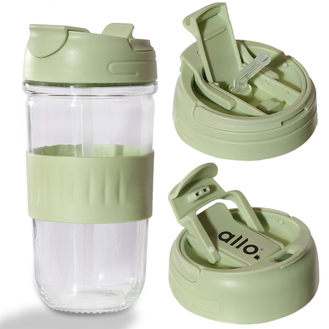Allo Reusable Glass Mug Sipper Tumbler with Straw, Unique 2 in 1 Anti Spill Lid | Microwave Safe Leakproof Glass with Anti-Slip Grip for Hot & Cold Coffee|| Car, Office, Travel use | 500ml (Green)