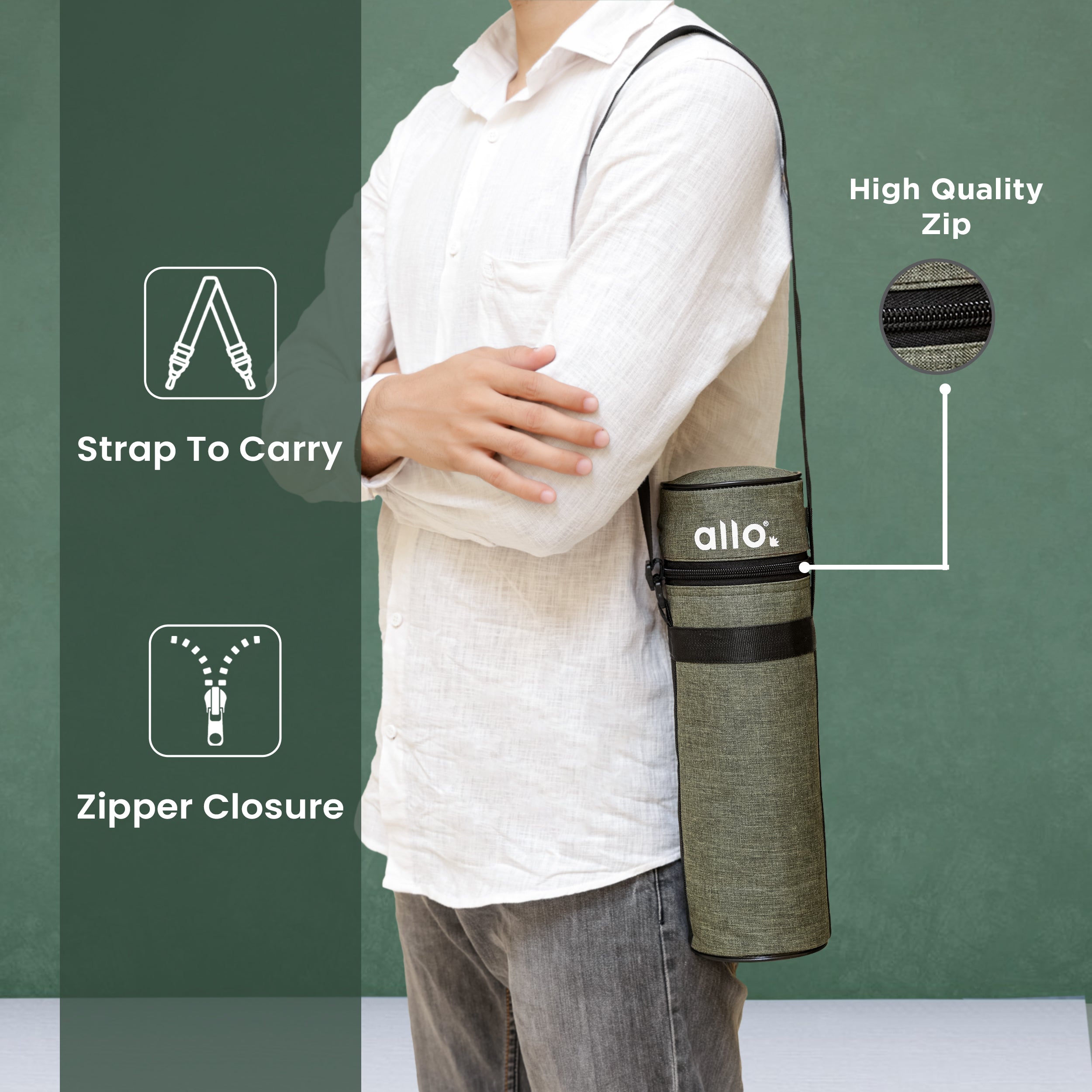 Allo Polyester Thermal Insulated 1L Bottle Cover – Water-Proof Modern Carrier Sleeve with Adjustable Shoulder Handle & Zipper Closure for Travel, Hiking, Office & School, GREEN