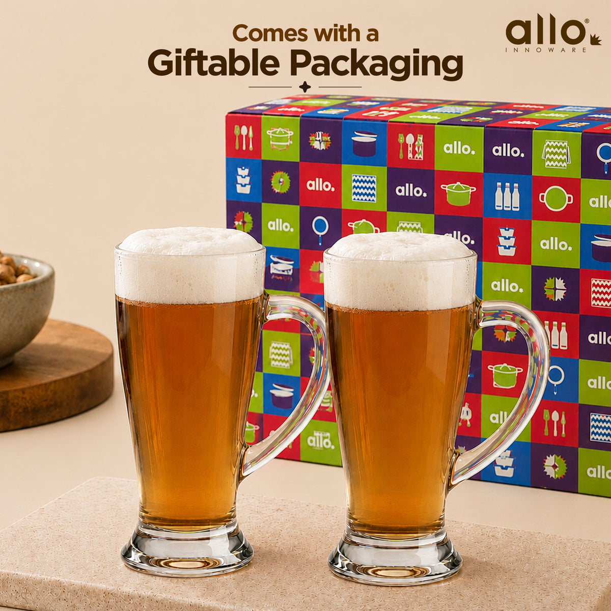 Allo Beer Mug And Drinking Glass Mugs, Set Of 2, 290 ml Each, Serves Beer, Juice, Mocktail, Alcohol, Cocktail, Drinking Glass With Handle | Gift Set Packaging | Transparent Pilsner Glass
