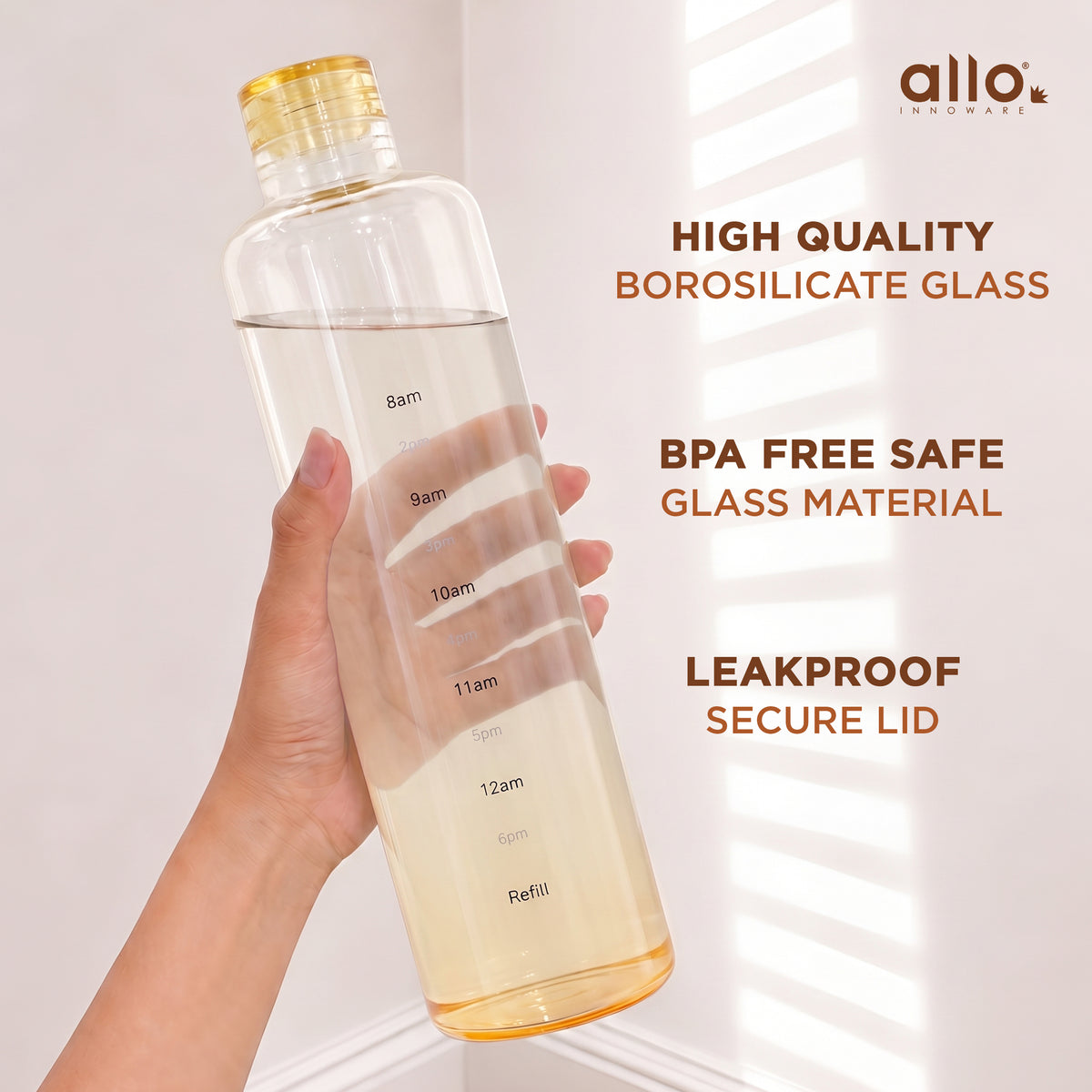 Allo Glass Water Bottle For Women & Men, 600 ml, Aesthetic H2O Bottles For Drinking Detox Water, Juice, Milk, Soda | 0.4 Ltr Bottle For Fridge, Storage, Home | Gift Set Packaging | Time Marked Orange