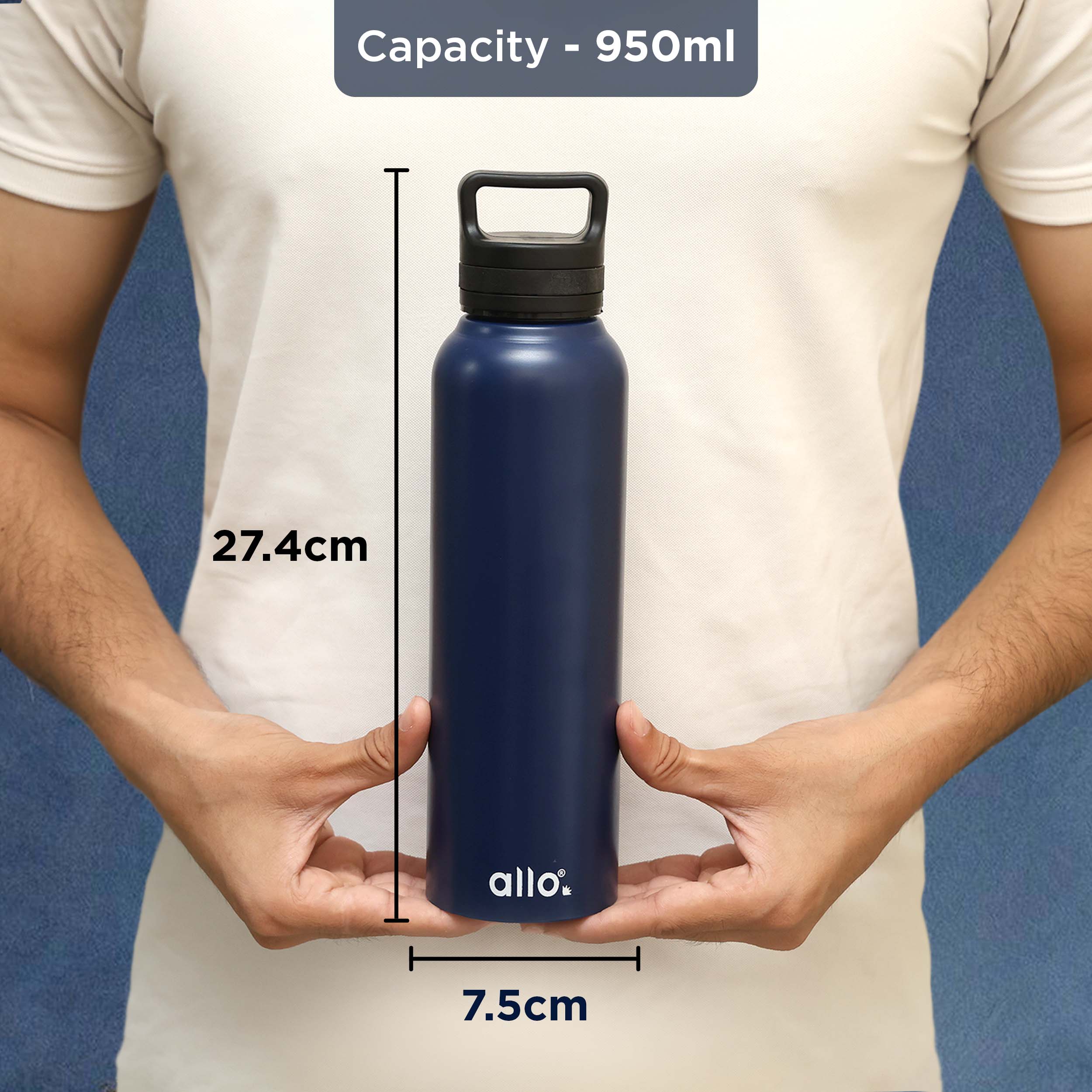 Allo Steel Water Bottles Stainless Steel Sipper Water Bottle for adults, kids 0.95 Litre Water Bottles for School, Office, Sports, Gym 950ML Water Bottle for Men and women, Royal Blue 950ml