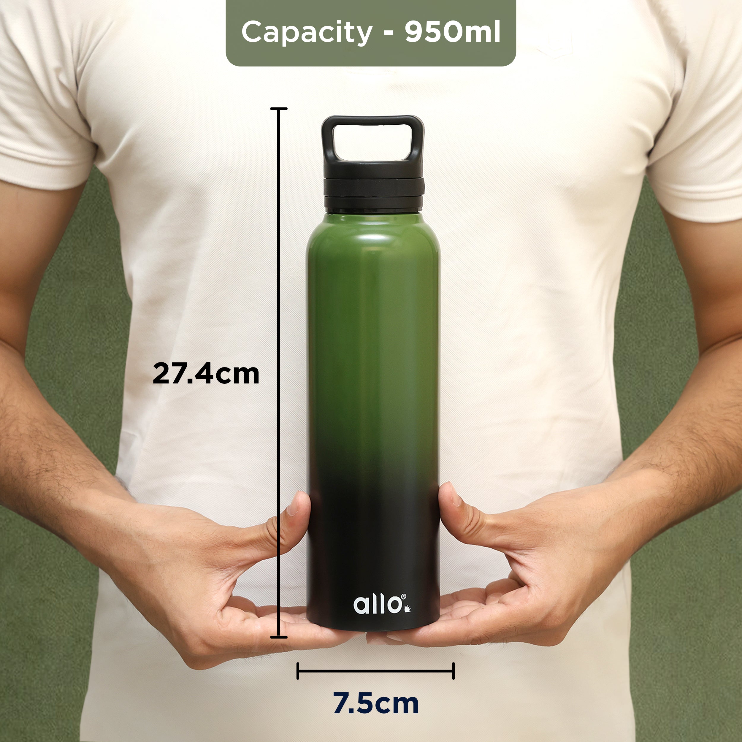 Allo Stainless Steel Water Bottle For Adults, Kids 1 Litre Water Bottles For School,Office,Sports,Gym 1L Water Bottle For Men & Women, Pack Of 5, Leak Proof, Bpa Free, Olive Green and Black Handle Cap