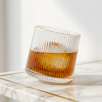 Allo Rotating Glasses For Whiskey, Set Of 6, 190 Ml Each, Premium Ribbed Glass With Revolving Base And Spinning Glass, Gift Set Packaging | Transparent Ribbed Classic