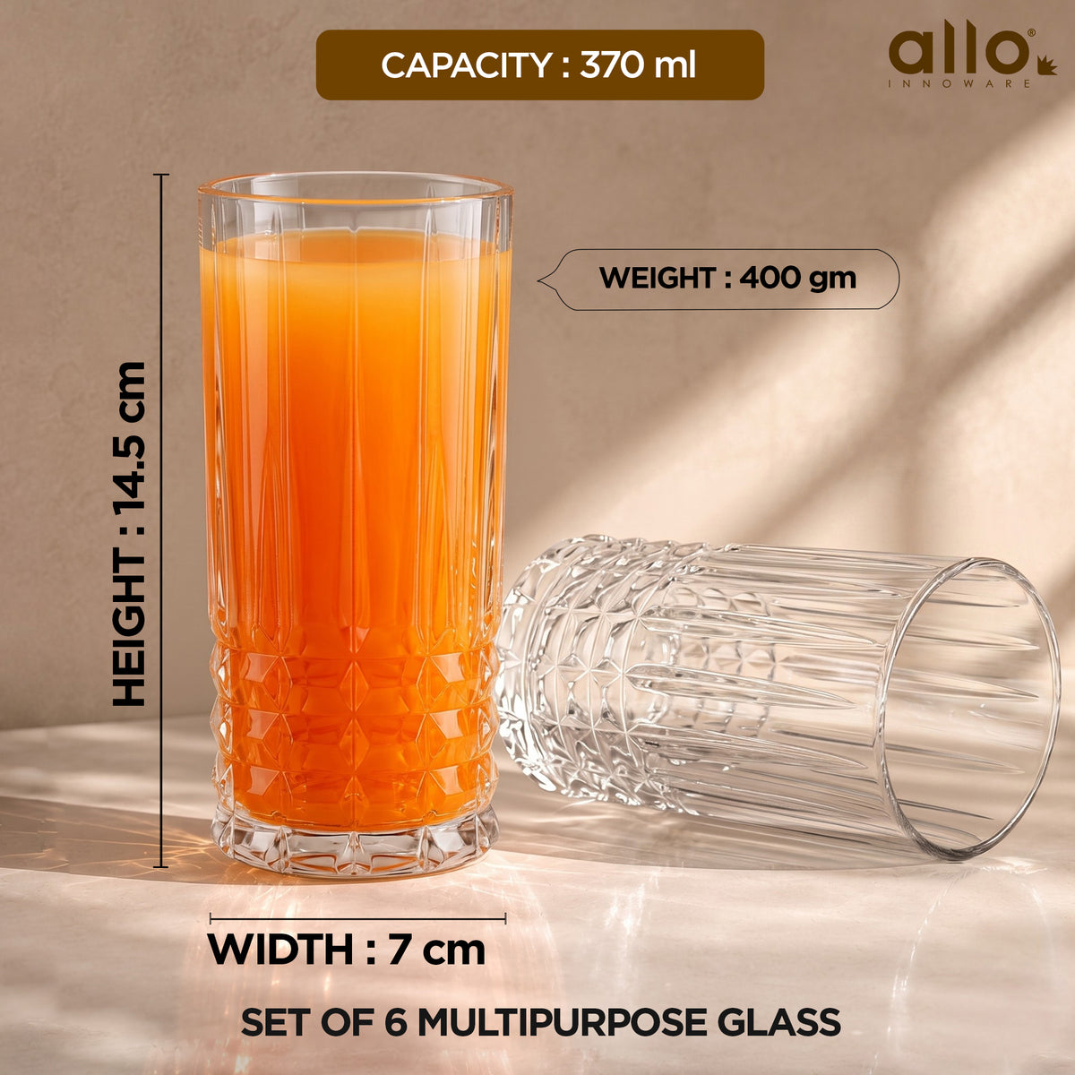 Allo Premium Glass Set Of 6, 370 ml, Latest Design Glasses For Water, Juice, Whisky, Cold Drink | Lead Free | Perfect For Home & Parties, Gift Set Packaging | Transparent Crown Base Glass