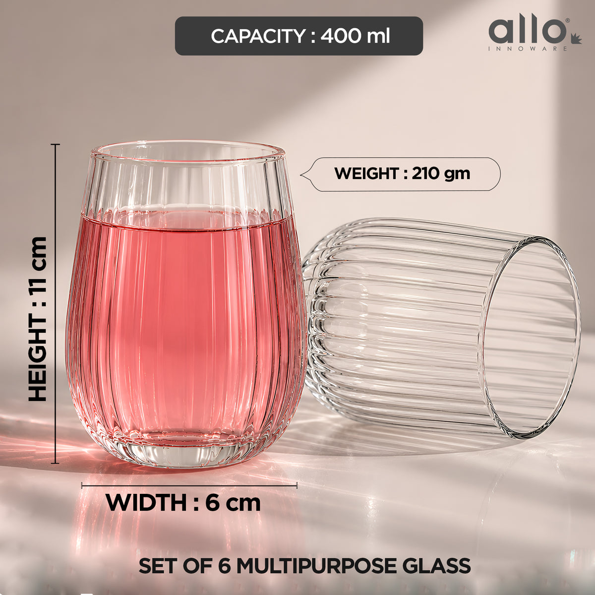 Allo Premium Glass Set Of 6, 400 ml, Latest Design Glasses For Water, Juice, Whisky, Cold Drink | Perfect For Home, Restaurants & Parties, Gift Set Packaging | Transparent Fluted Round Glass