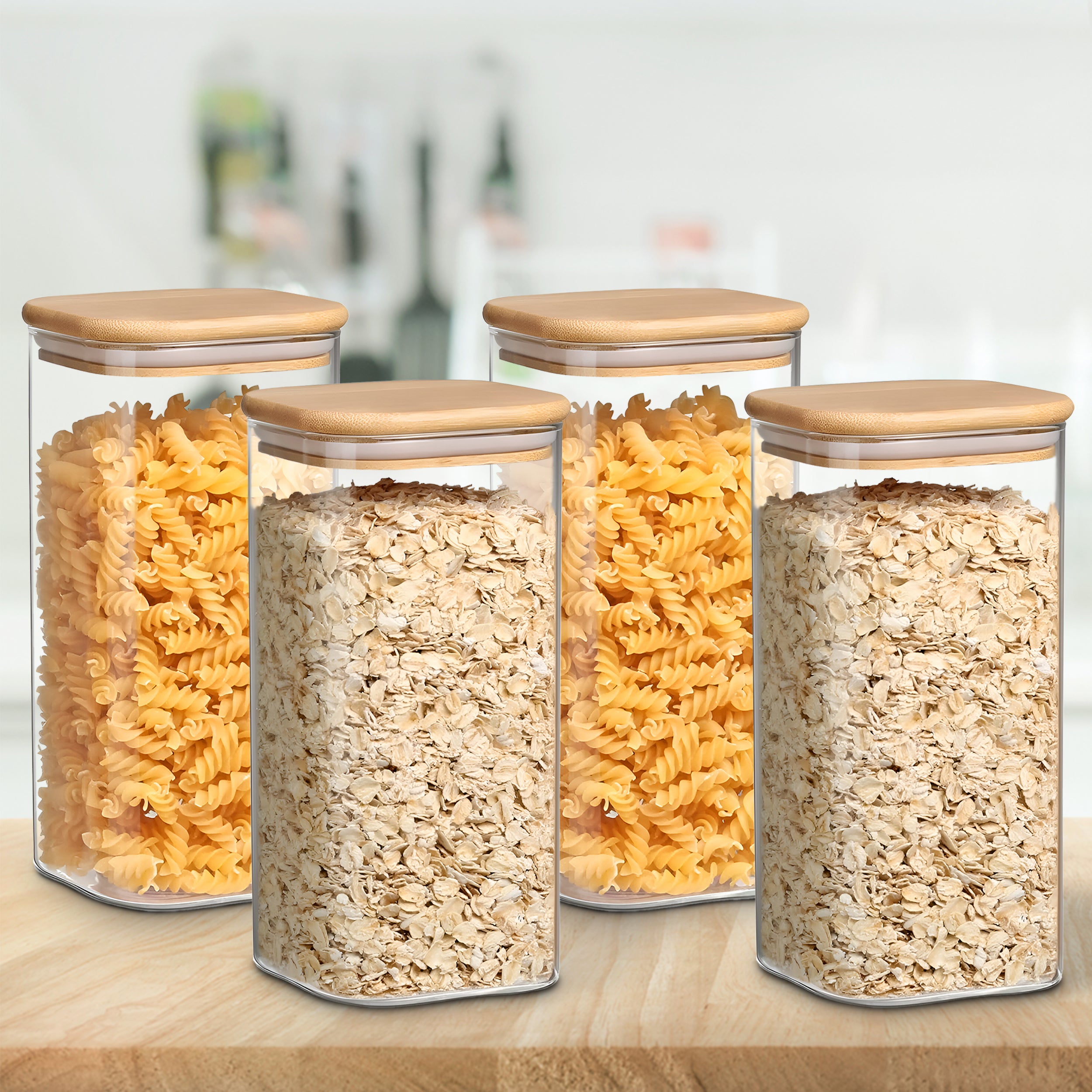 Allo 600ML Kitchen Storage Box Glass Jars With Wooden Lids - Borosilicate Glass Food Storage Containers Airtight Glass Jar For Tea, Coffee, Spice, Pulses, Masala (Square Glass Jar - Set of 4)