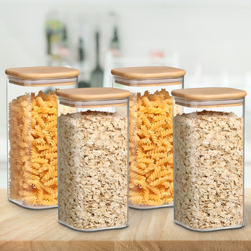Allo 600ML Kitchen Storage Box Glass Jars With Wooden Lids - Borosilicate Glass Food Storage Containers Airtight Glass Jar For Tea, Coffee, Spice, Pulses, Masala (Square Glass Jar - Set of 4)