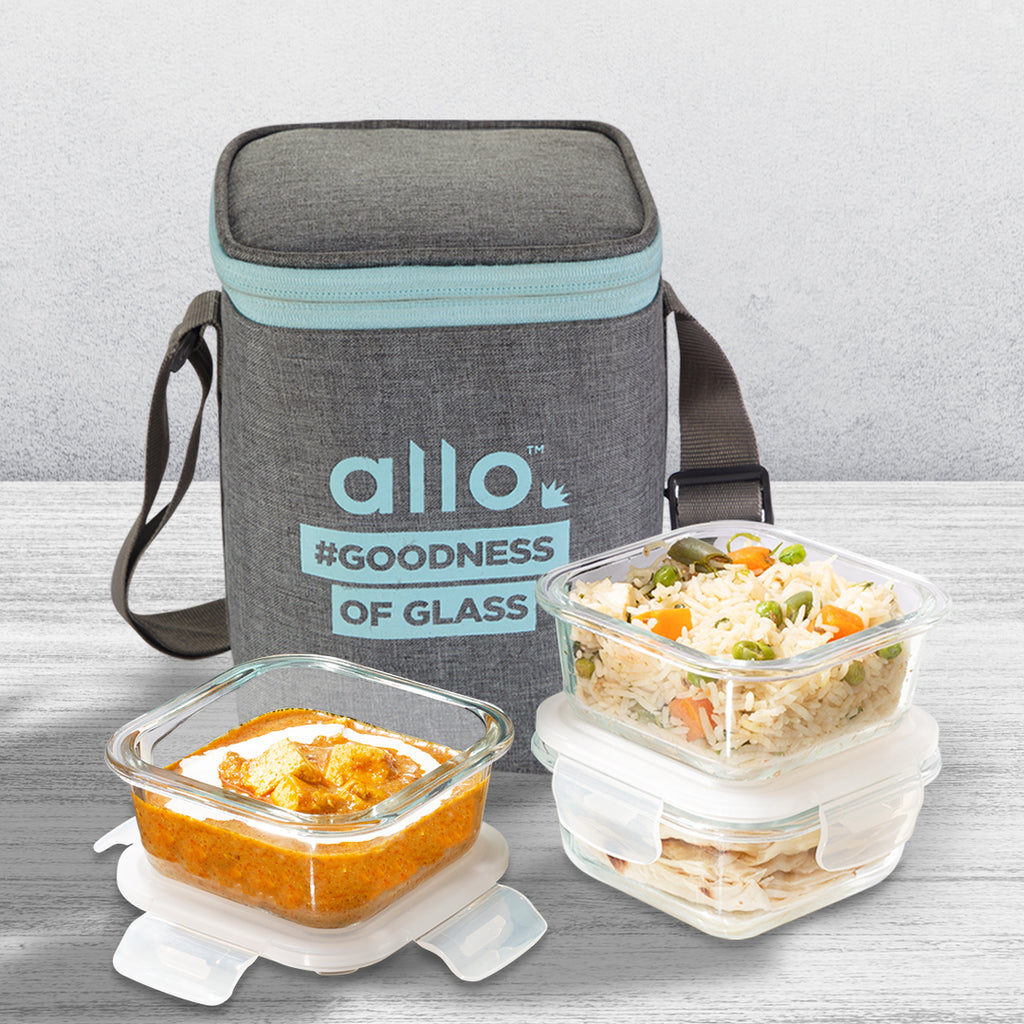 Allo Food Safe Glass Lunch Box, 450°C Microwave Safe Lunch Box, Borosilicate Glass Tiffin for office with Canvas grey Tiffin Bag, Set of 3, 320ml x 3, square