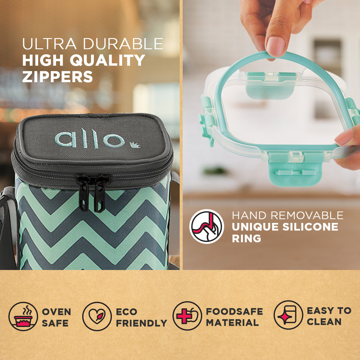Allo Food Safe Glass Lunch Box with Breakfree Detachable Lock, Microwave Safe Lunch Box Borosilicate Glass Tiffin for Office with Chevron Mint Tiffin Bag, Set of 4, 215ml x 2, 390ml x 2, Transparent