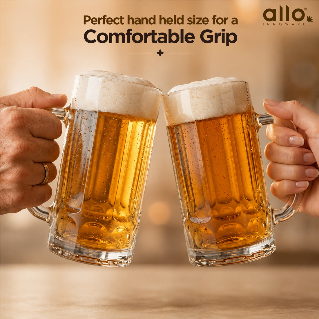Allo Beer Mug And Drinking Glass Mugs, Set Of 2, 380 ml Each, Serves Beer, Juice, Mocktail, Alcohol, Cocktail, Drinking Glass With Handle, Fluted Glass | Gift Set Packaging | Transparent Tall Facet