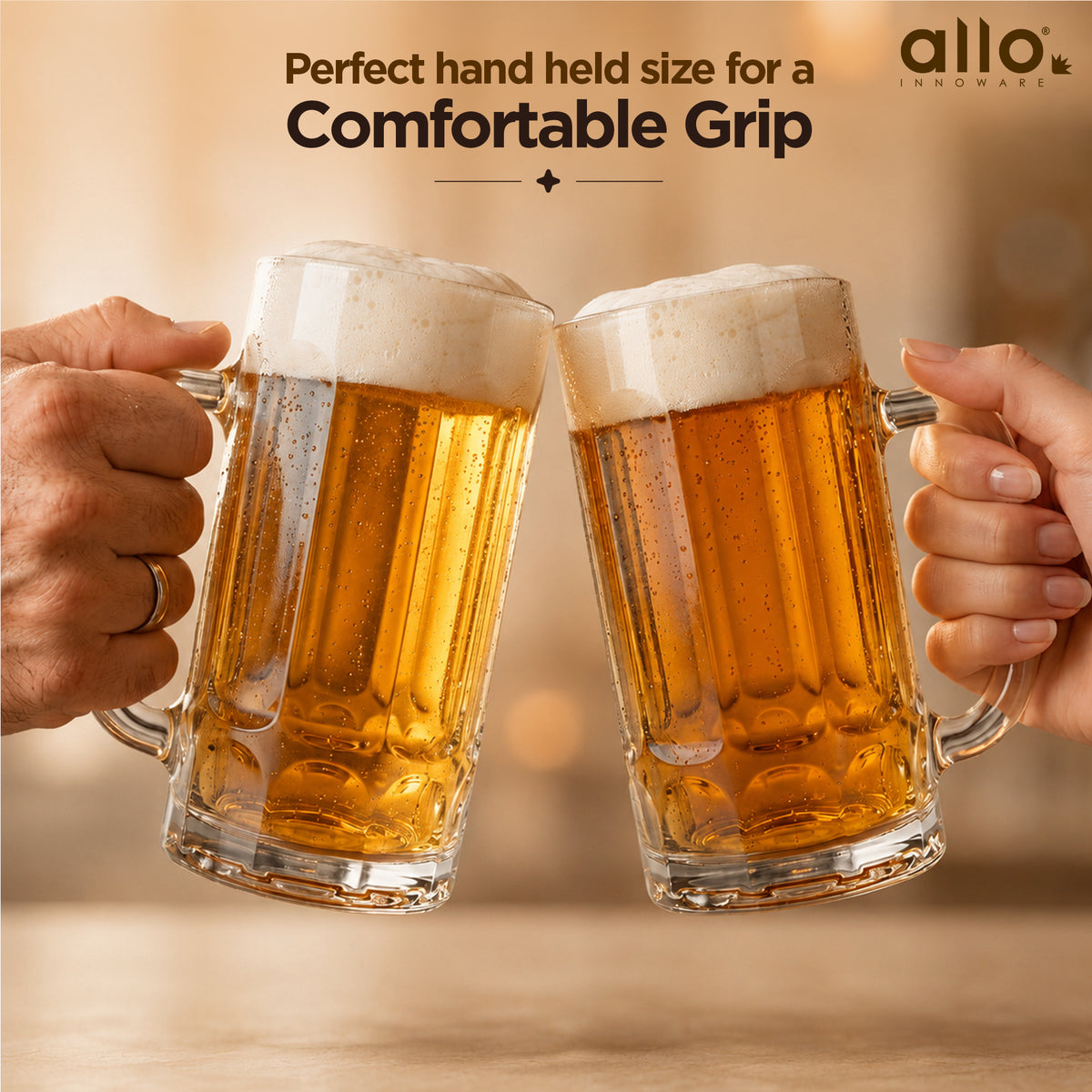Allo Beer Mug And Drinking Glass Mugs, Set Of 2, 380 ml Each, Serves Beer, Juice, Mocktail, Alcohol, Cocktail, Drinking Glass With Handle, Fluted Glass | Gift Set Packaging | Transparent Tall Facet