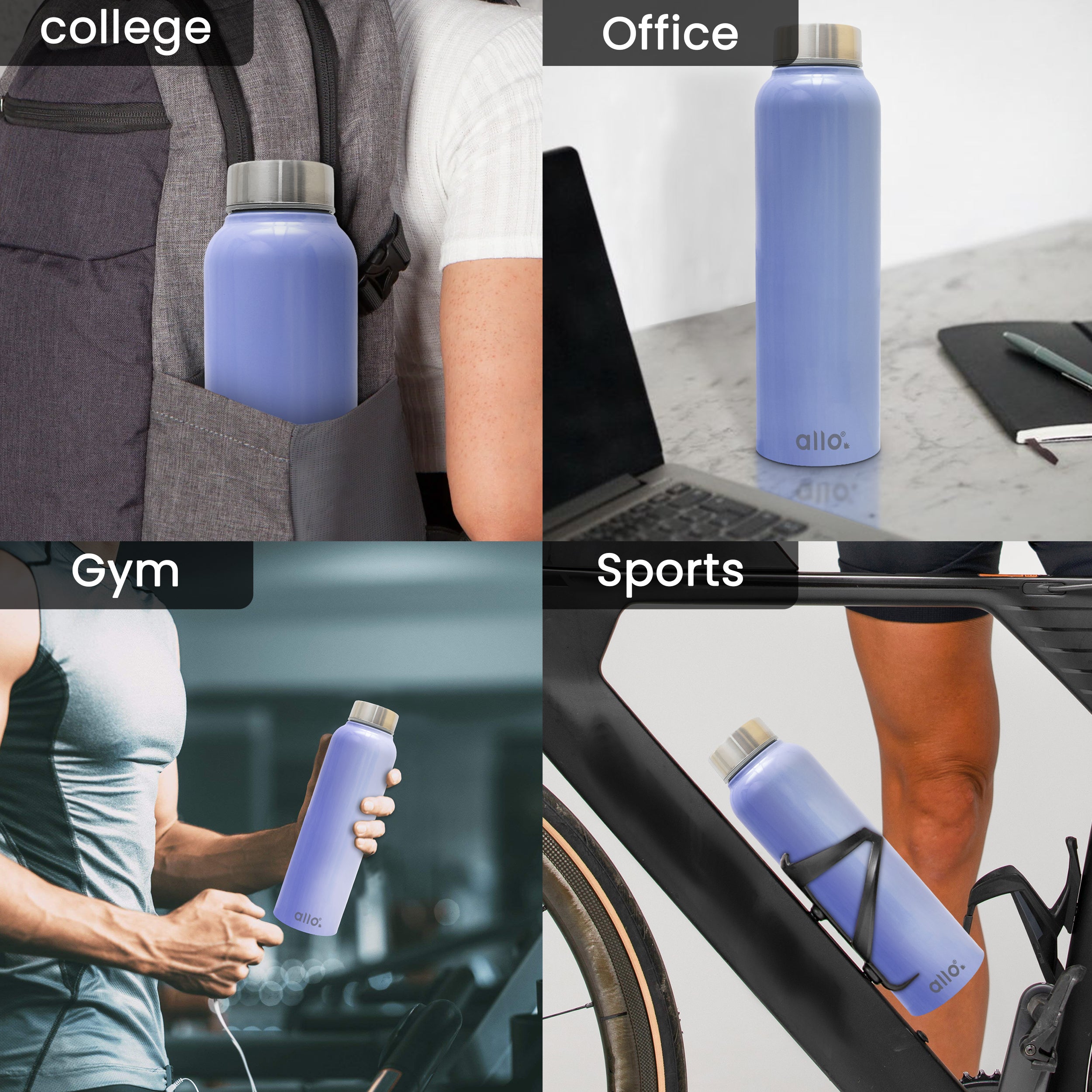 Allo Stainless Steel Water Bottle For Adults, Kids 1 Litre Water Bottles For School, Office, Sports, Gym 1L Water Bottle For Men And Women, Pack Of 2 | Leak Proof, Bpa Free, Olive & Lavender Steel Cap
