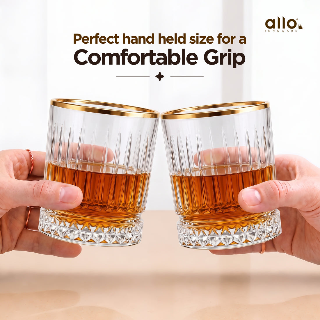 Allo Glass Set Of 6 Premium Whisky Glasses, 350 ml, For Drinking Water, Wine, Cocktail, Mocktail, Martini, Liquor, Alcohol, Scotch, Bourbon | Gift Set Packaging | Transparent | Golden Rim Fluted Glass
