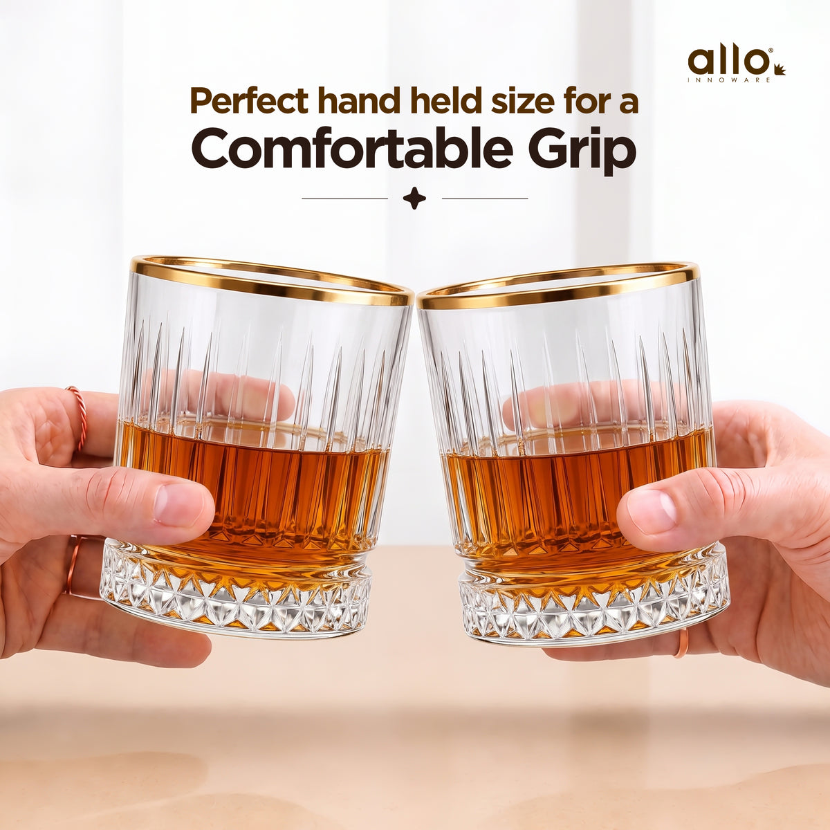 Allo Glass Set Of 6 Premium Whisky Glasses, 350 ml, For Drinking Water, Wine, Cocktail, Mocktail, Martini, Liquor, Alcohol, Scotch, Bourbon | Gift Set Packaging | Transparent | Golden Rim Fluted Glass