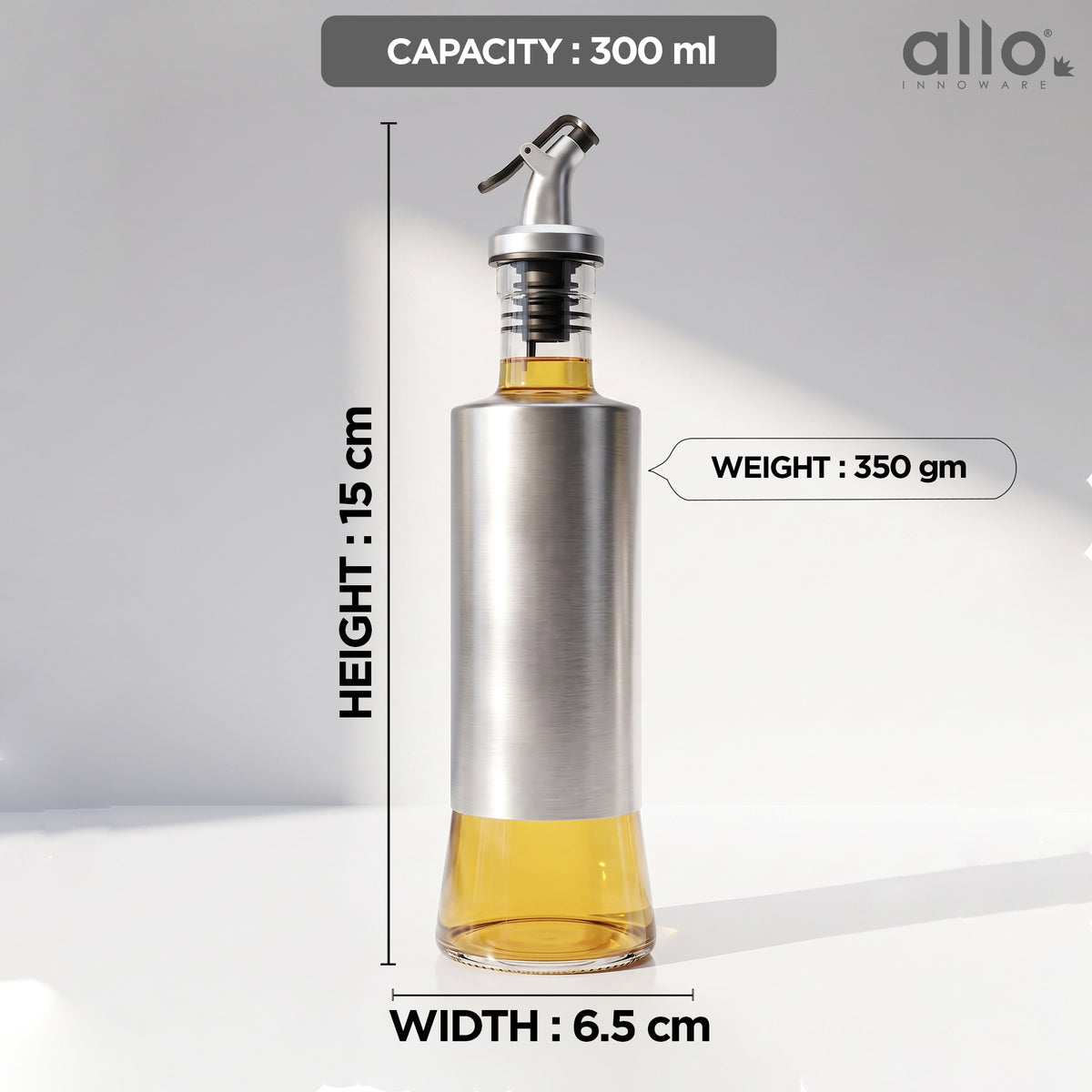 Allo Glass Oil Dispenser For Kitchen With Stainless Steel Cover| 300 ml Oil Bottle For Cooking | Home & Restaurant Use (0.3 Litre | Clear)