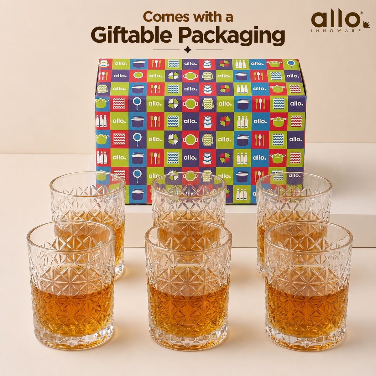 Allo Glass Set Of 6 Premium Whisky Glasses, 330 ml, For Drinking Water, Wine, Cocktail, Mocktail, Martini, Liquor, Alcohol, Scotch, Bourbon | Gift Set Packaging | Transparent Criss Cross Diamond Glass