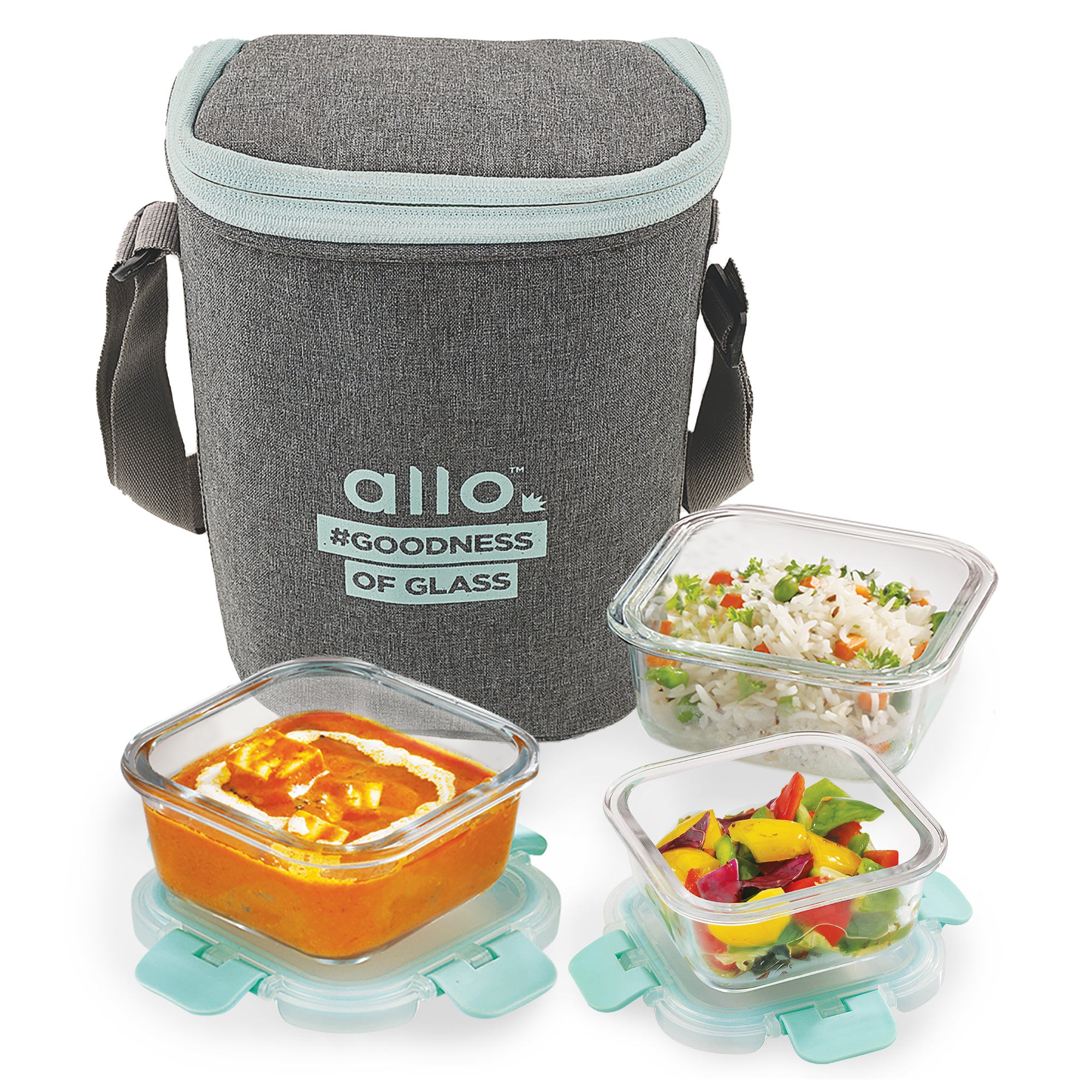 Allo Food Safe Glass Lunch Box with Break Free Detachable Lock, 450°C Microwave Safe Lunch Box, Borosilicate Glass Tiffin for office with Denim Grey Tiffin Bag, Set of 3, 160ml x 1, 310ml x 2, Square.