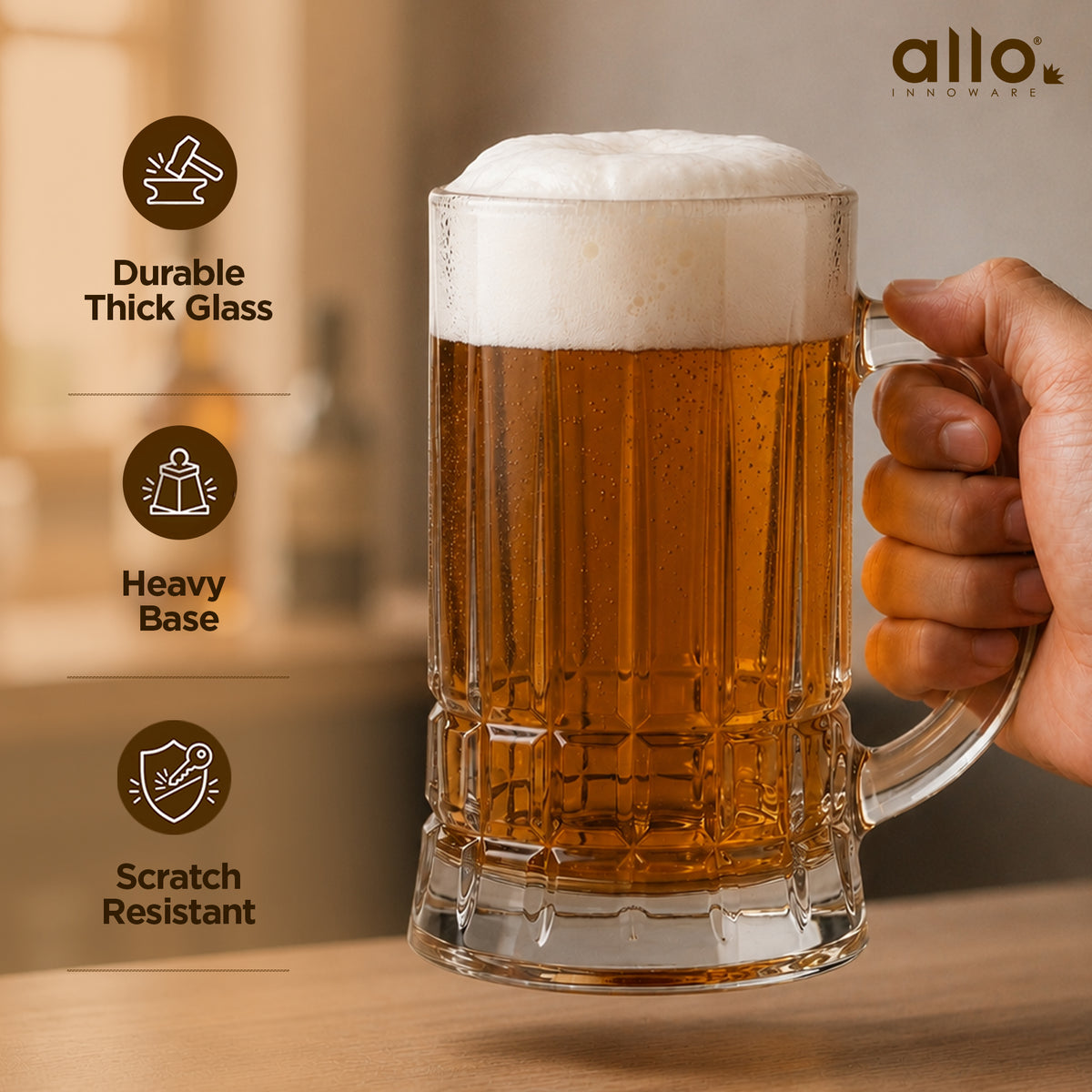 Allo Beer Mug And Drinking Glass Mugs, Set Of 2, 400 ml Each, Serves Beer, Juice, Mocktail, Alcohol, Cocktail, Drinking Glass With Handle, Fluted Glass | Gift Set Packaging | Transparent Checkered Base