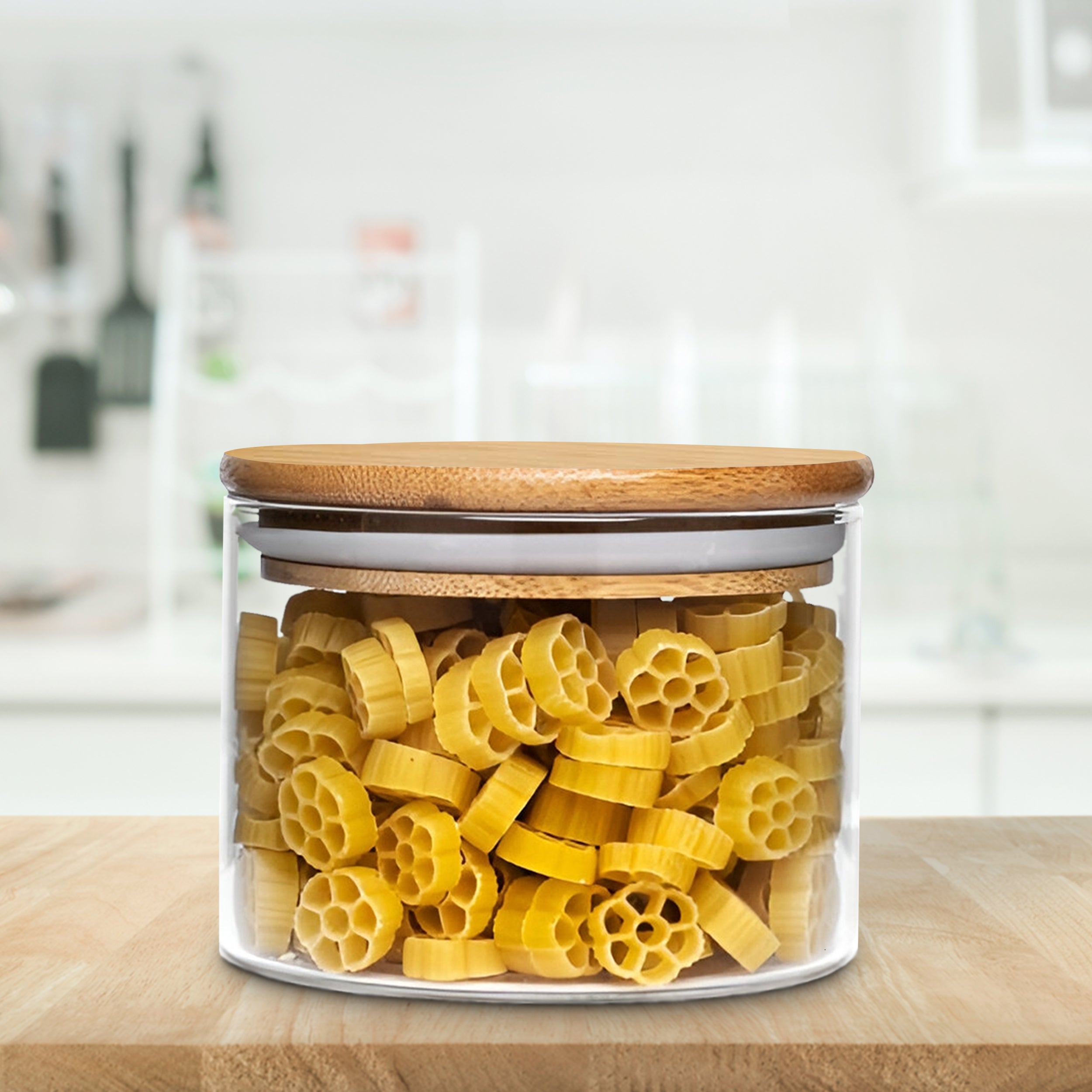 Allo 300ML Kitchen Storage Box Glass Jars With Wooden Lids - Borosilicate Glass Food Storage Containers Airtight Glass Jar for Tea, Coffee, Spice, Pulses, Masala (Round Glass Jar - Set of 1)