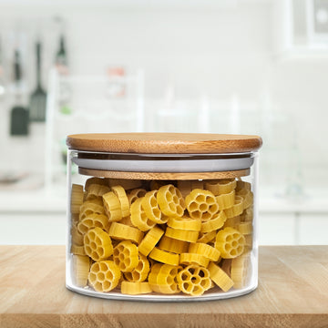 Allo 300ML Kitchen Storage Box Glass Jars With Wooden Lids - Borosilicate Glass Food Storage Containers Airtight Glass Jar for Tea, Coffee, Spice, Pulses, Masala (Round Glass Jar - Set of 1)