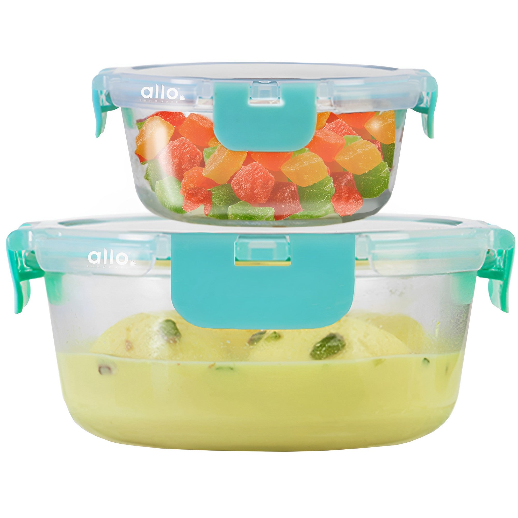 Allo Food Safe Glass Containers with Lids with Break Free Lock, Microwave Safe Containers, Borosilicate Meal Prep Glass Food Storage Containers for Kitchen, Set of 2, 215ml, 635ml, Round