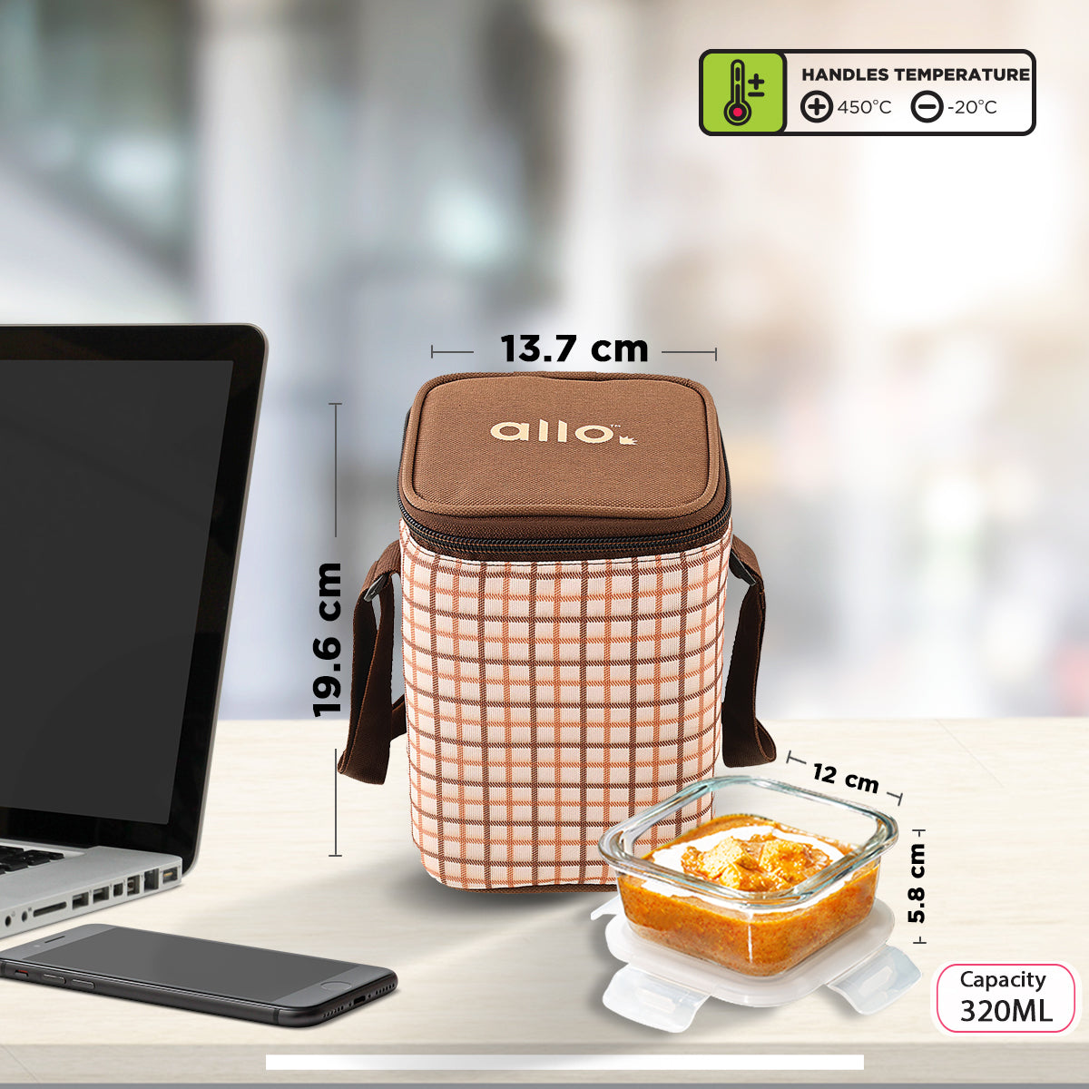 Allo Food Safe Glass Lunch Box, 450°C Microwave Safe Lunch Box, Borosilicate Glass Tiffin for office with Cocoa Brown Tiffin Bag, Set of 3, 320ml x 3, square