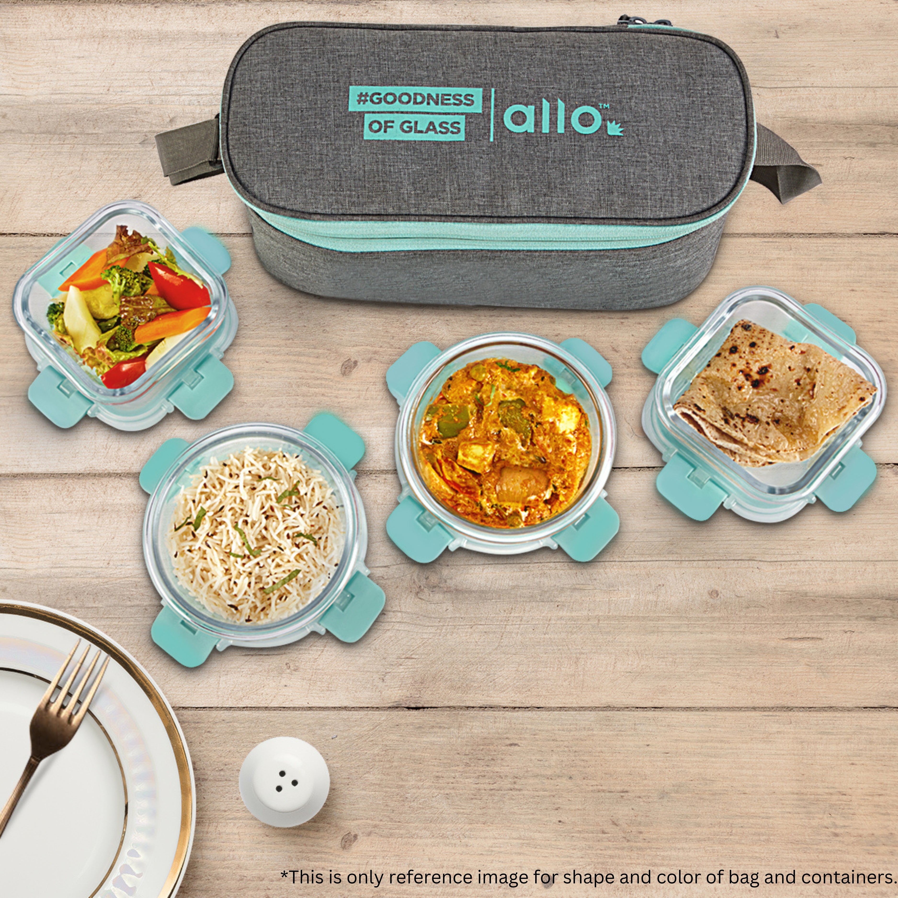 Allo Food Safe Glass Lunch Box with Breakfree Detachable Lock, Microwave Safe Lunch Box Borosilicate Glass Tiffin for Office with Canvas Grey Tiffin Bag, Set of 4, 215ml x 2, 310ml x 2