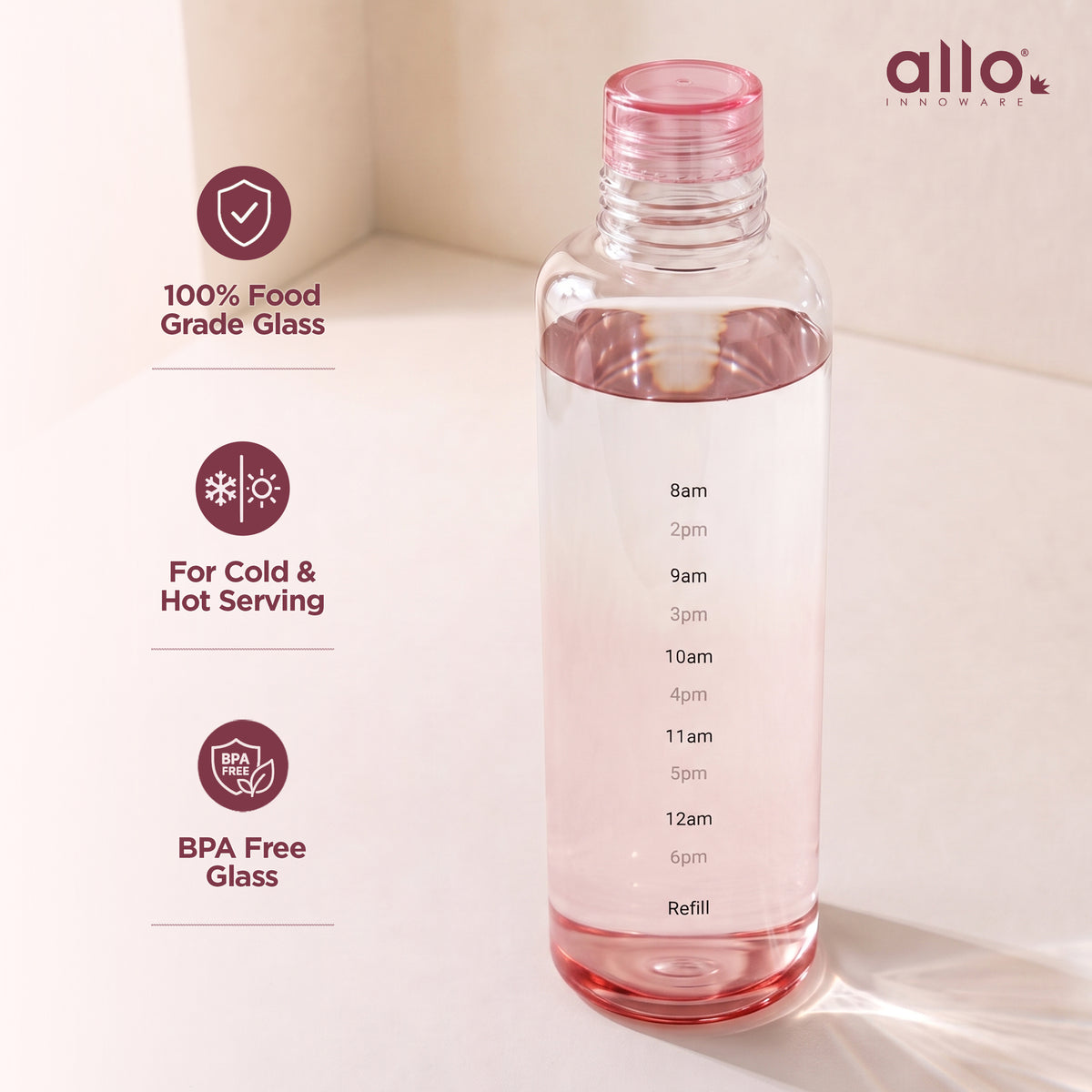 Allo Glass Water Bottle For Women & Men, 600 ml, Aesthetic H2O Bottles For Drinking Detox Water, Juice, Milk, Soda | 0.4 Ltr Bottle For Fridge, Storage, Home | Gift Set Packaging | Time Marked Pink