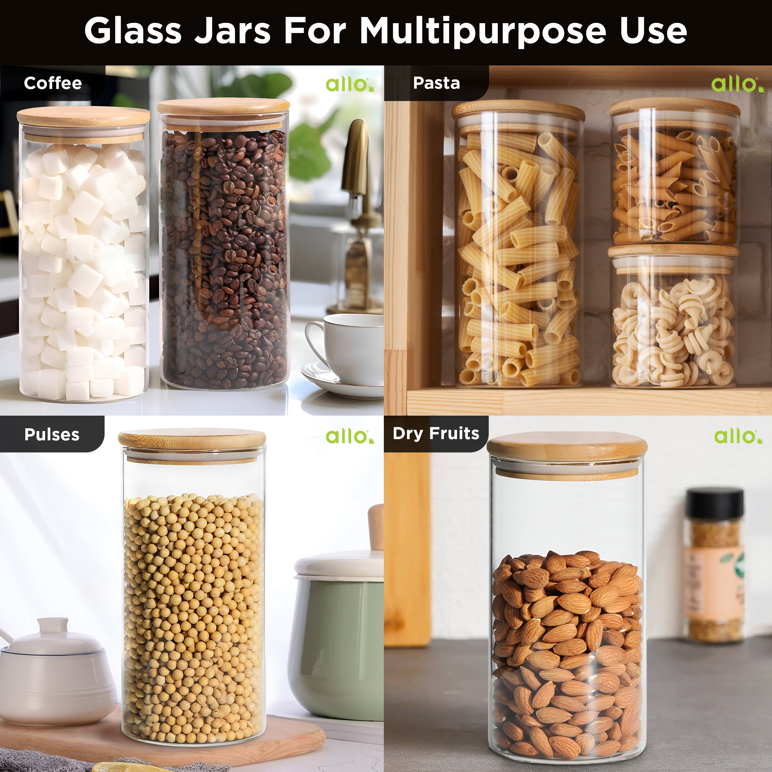 Allo 300ML Kitchen Storage Box Glass Jars With Wooden Lids - Borosilicate Glass Food Storage Containers Airtight Glass Jar for Tea, Coffee, Spice, Pulses, Masala (Round Glass Jar - Set of 5)