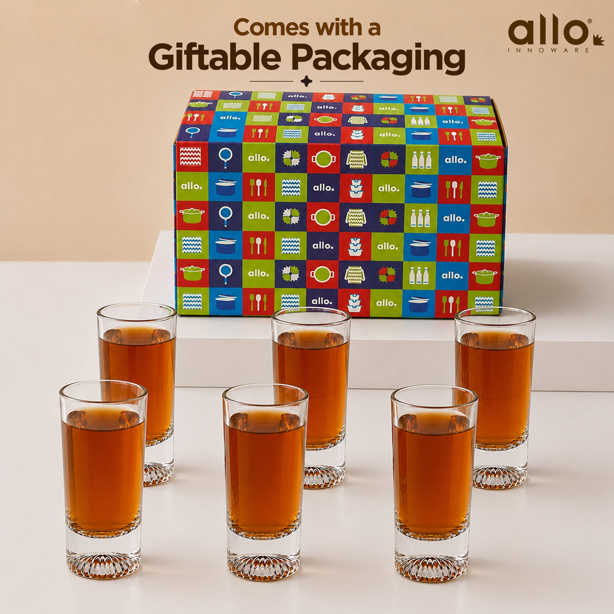 Allo Shot Glasses Set Of 6, 60 ml, Small Glass For Vodka, Tequila, Liquor, Wine, Party, Bar | Gift Set Packaging | Transparent | Crown Base Shot Glass