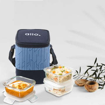 Allo Food Safe Glass Lunch Box, 450°C Microwave Safe Lunch Box, Borosilicate Glass Tiffin for office with Space Blue Tiffin Bag, Set of 3, 320ml x 3, square
