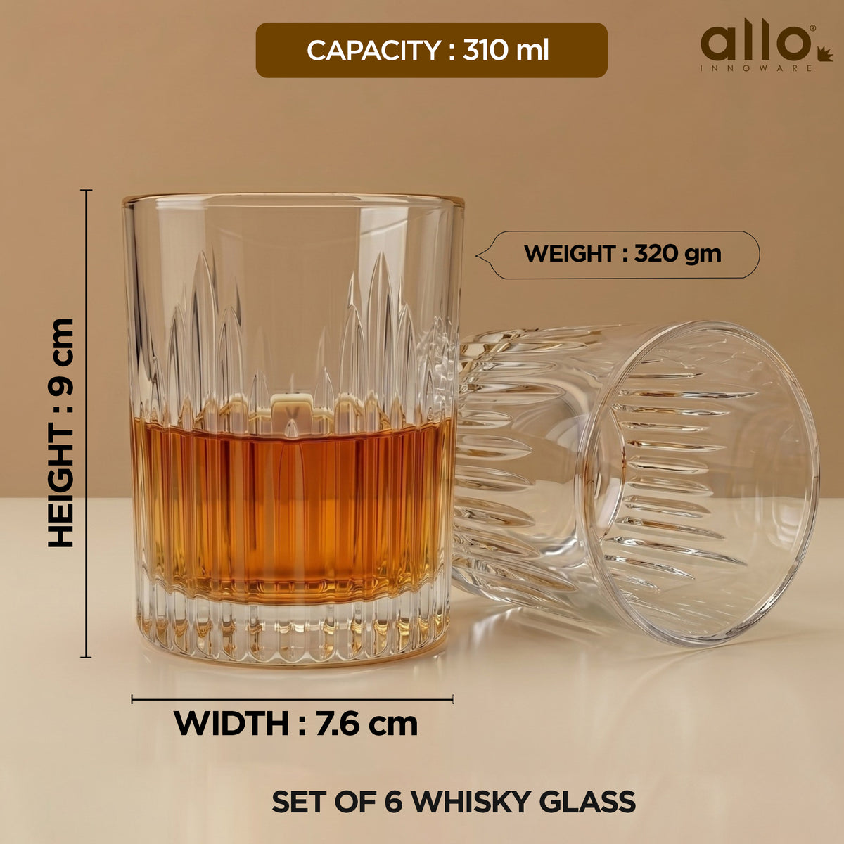 Allo Glass Set Of 6 Premium Whisky Glasses, 310 ml, For Drinking Water, Wine, Cocktail, Mocktail, Martini, Liquor, Alcohol, Scotch, Bourbon | Gift Set Packaging | Transparent Fluted Cut Whiskey Glass