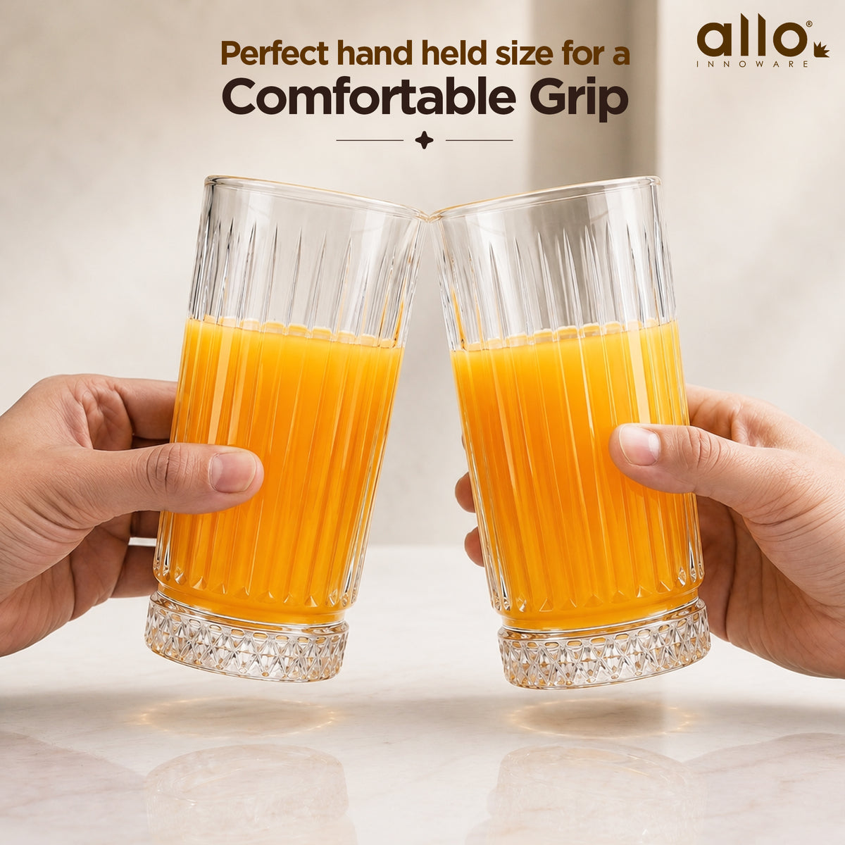 Allo Premium Glass Set Of 6, 300 ml, Latest Design Glasses For Water, Juice, Whisky, Cold Drink | Lead Free | Perfect For Home & Parties, Gift Set Packaging | Transparent Diamond Base Glass