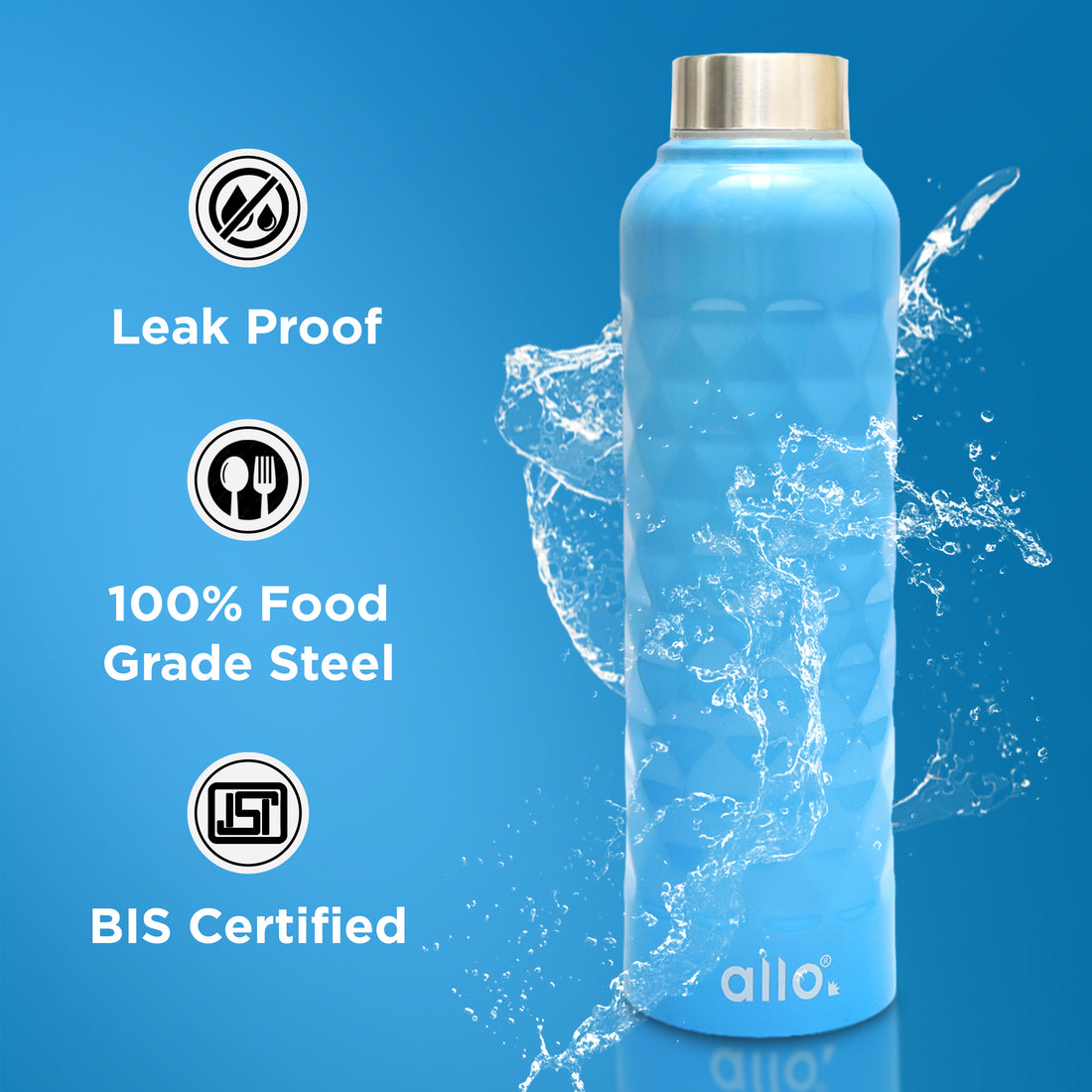 Allo Steel Water Bottles Stainless Steel Sipper Water Bottle for adults, kids 0.95 Litre Water Bottles for School, Office, Sports, Gym 950ML Water Bottle for Men and women,True Blue 950ml