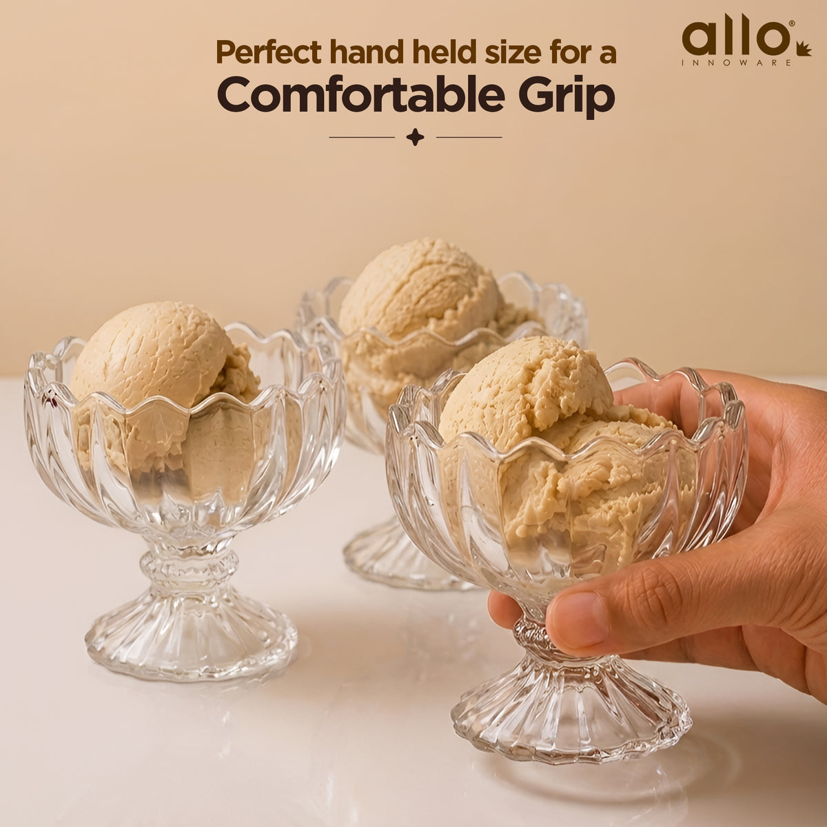 Allo Glass Ice Cream Bowl Set Of 6, 240 ml, Dessert Glasses For Icecream, Pudding, Candy, Snacks, Dates, Dry Fruit | Cups For Gifting And Serving, Gift Set Packaging | Petal Edge Dessert Bowl