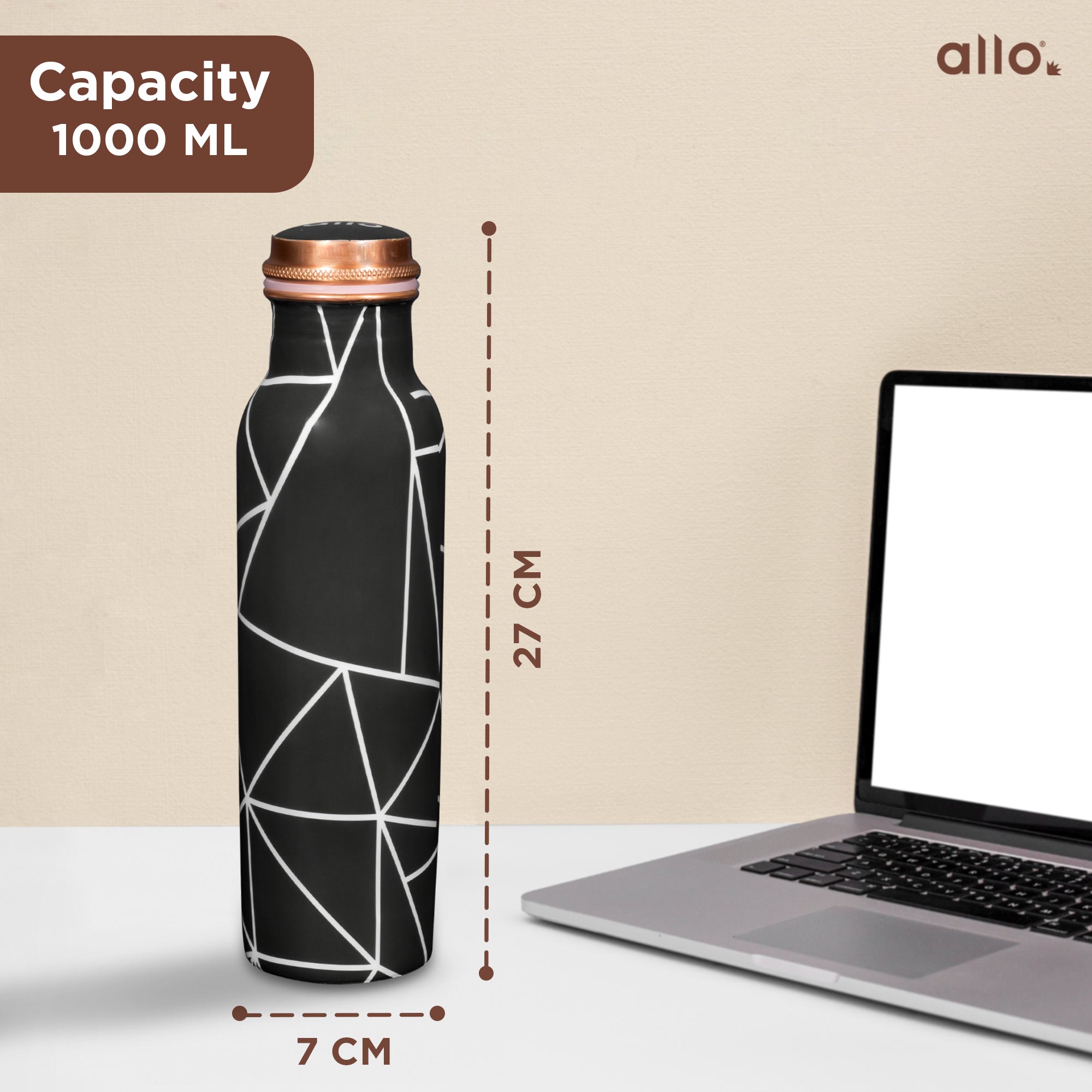 Allo Pure Copper Water Bottle 1 Litre Copper Bottle | Alkaline and Anti Oxidant | 100% Leak Proof, Office, Gym Bottle, Modern Tamba Bottle for Adults, Best Gift for Diwali (Black Abstract Line)