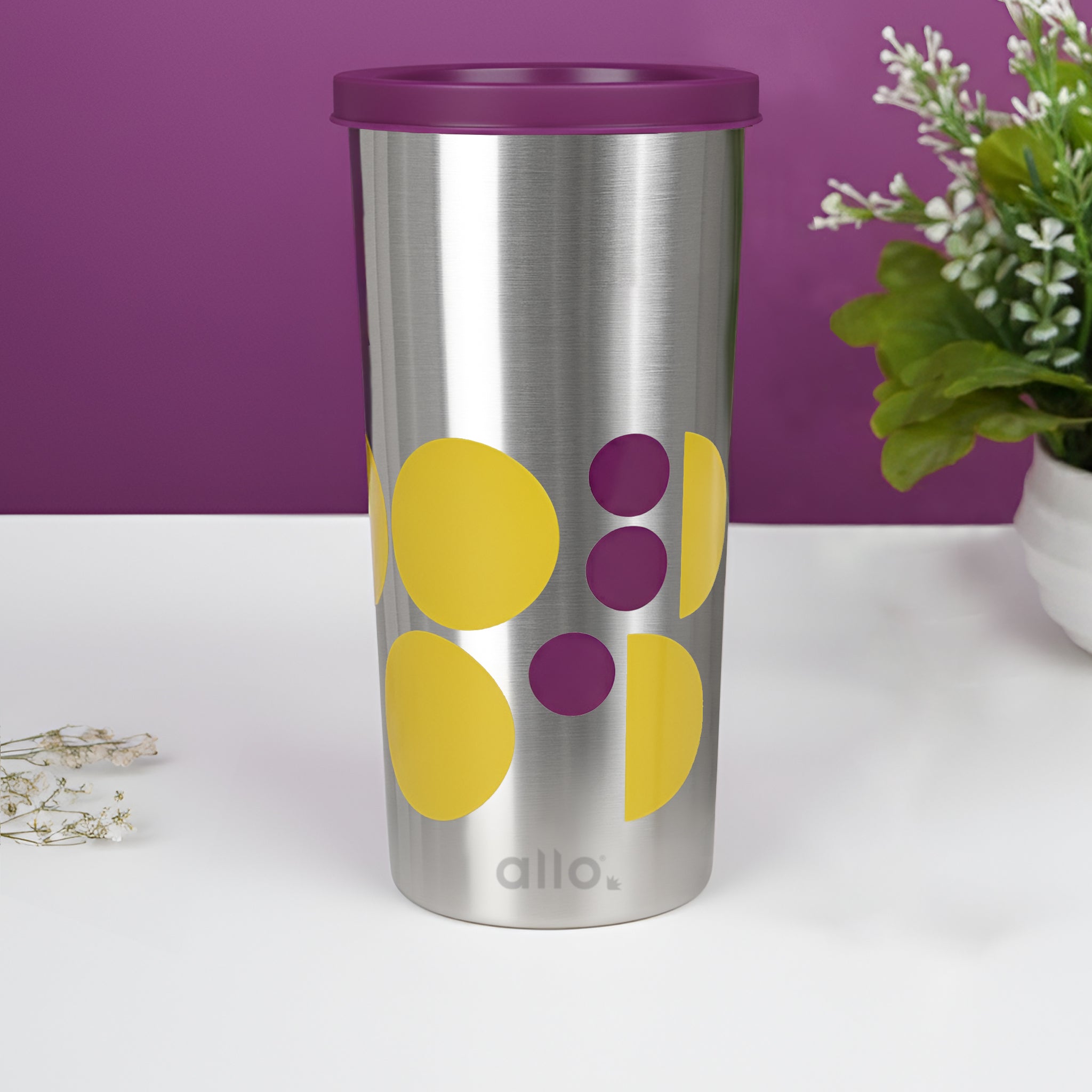 Allo Stainless Steel Tumbler with Lid, Leak Proof Water Tumbler for Home, Office, School, Travel, Kids Rust Proof, Multipurpose Storage Glass for Juice, Tea, Coffee, Milk, PURPLE (550Ml)