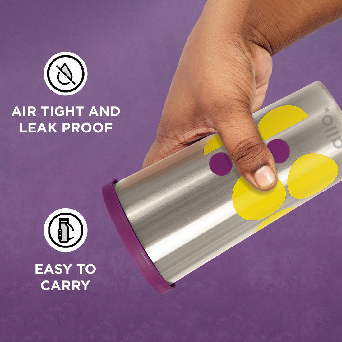 Allo Stainless Steel Tumbler with Lid, Leak Proof Water Tumbler for Home, Office, School, Travel, Kids Rust Proof, Multipurpose Storage Glass for Juice, Tea, Coffee, Milk, PURPLE (450Ml)
