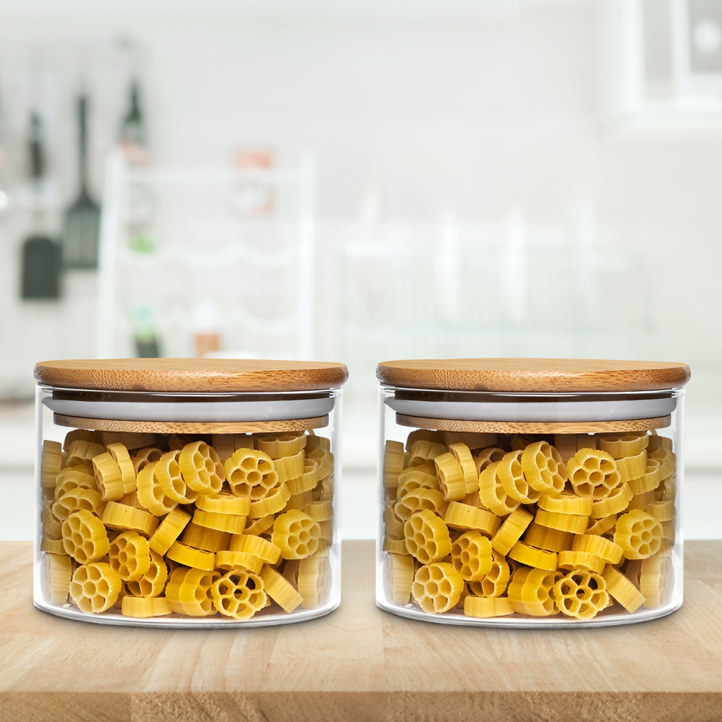 Allo 300ML Kitchen Storage Box Glass Jars With Wooden Lids - Borosilicate Glass Food Storage Containers Airtight Glass Jar for Tea, Coffee, Spice, Pulses, Masala (Round Glass Jar - Set of 2)
